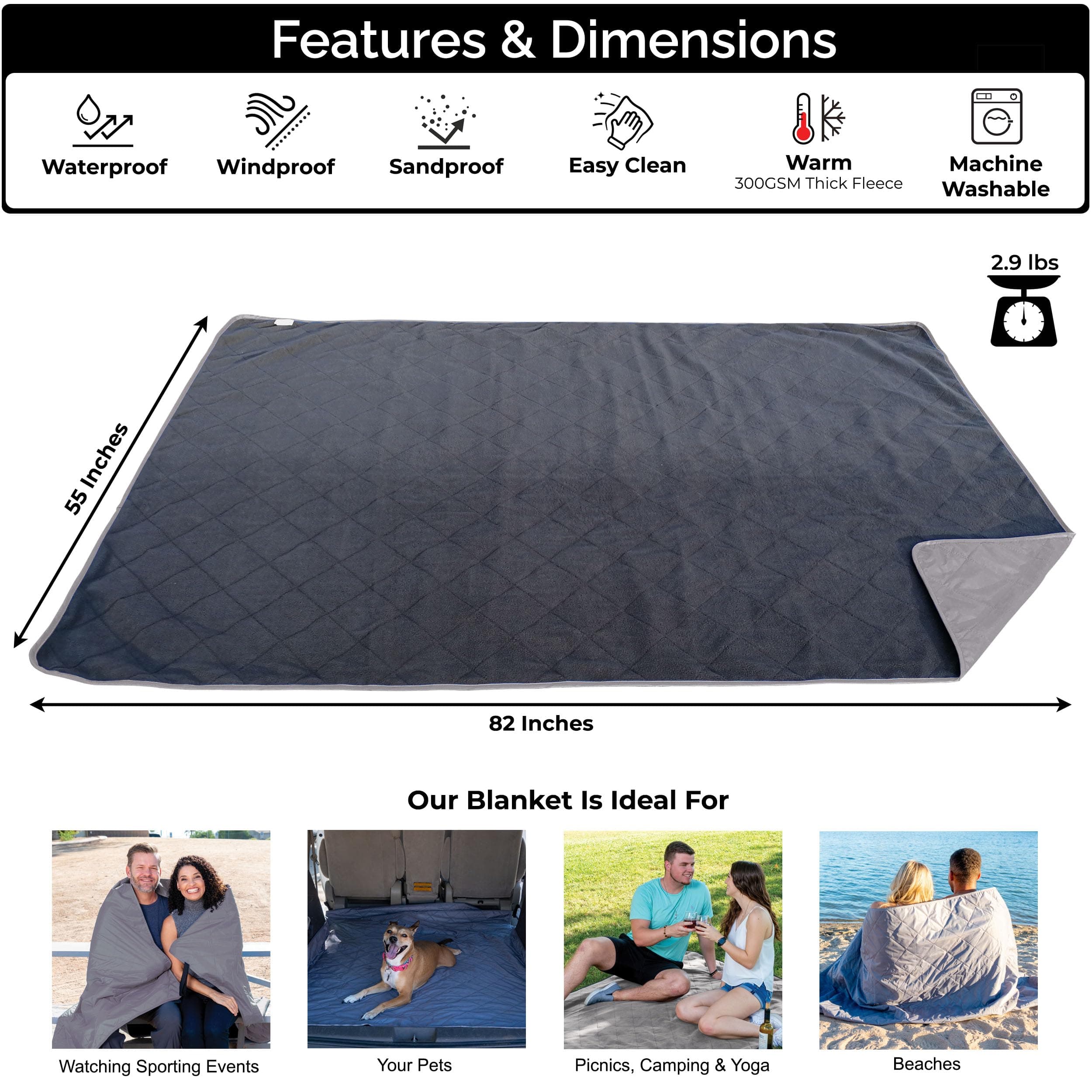 BRAWNTIDE Large Outdoor Waterproof Blanket - Extra Thick Fleece, Warm, Windproof, Sandproof, Quilted, 82" x 55", Ideal for Beaches, Picnics, Camping, Stadiums, Dogs, Car
