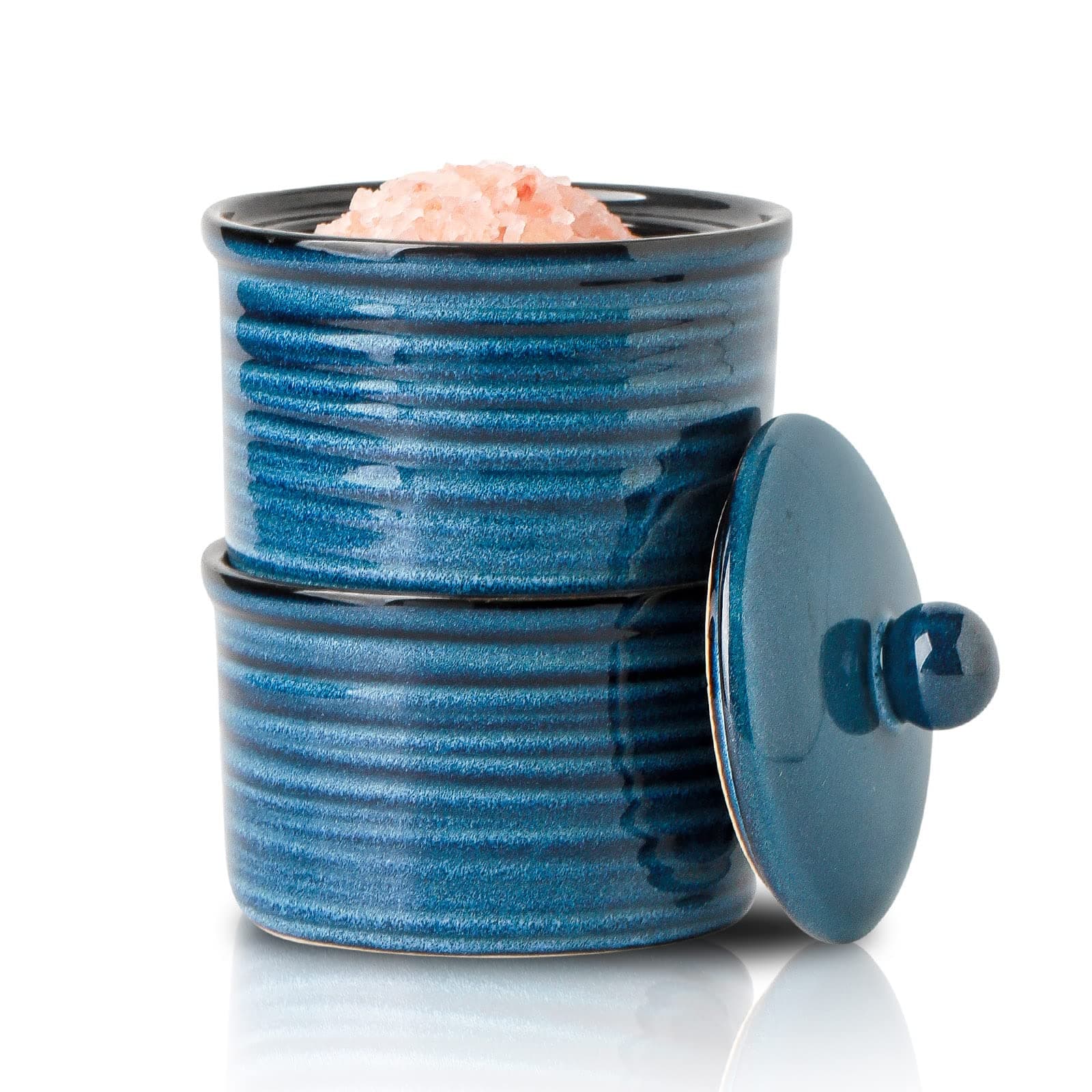 Ceramic Salt Cellar with Lid, 9 oz Salt and Pepper Bowls, Stacked Salt Box for Countertop Stovetop, Blue Farmhouse Kitchen Decor, Set of 2