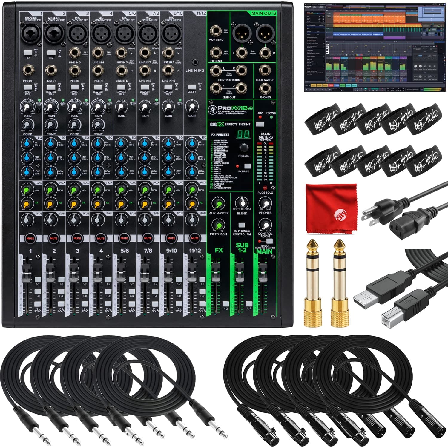 Mackie ProFX12v3 12-Channel Unpowered Mixer USB Bundle with Waveform OEM DAW, 4x Mophead 10-Foot TRS Cable, 4x 10-Foot XLR Cable, 2x 1/4" to 3.5mm Adapter, 10x Cable Ties and Microfiber Cloth