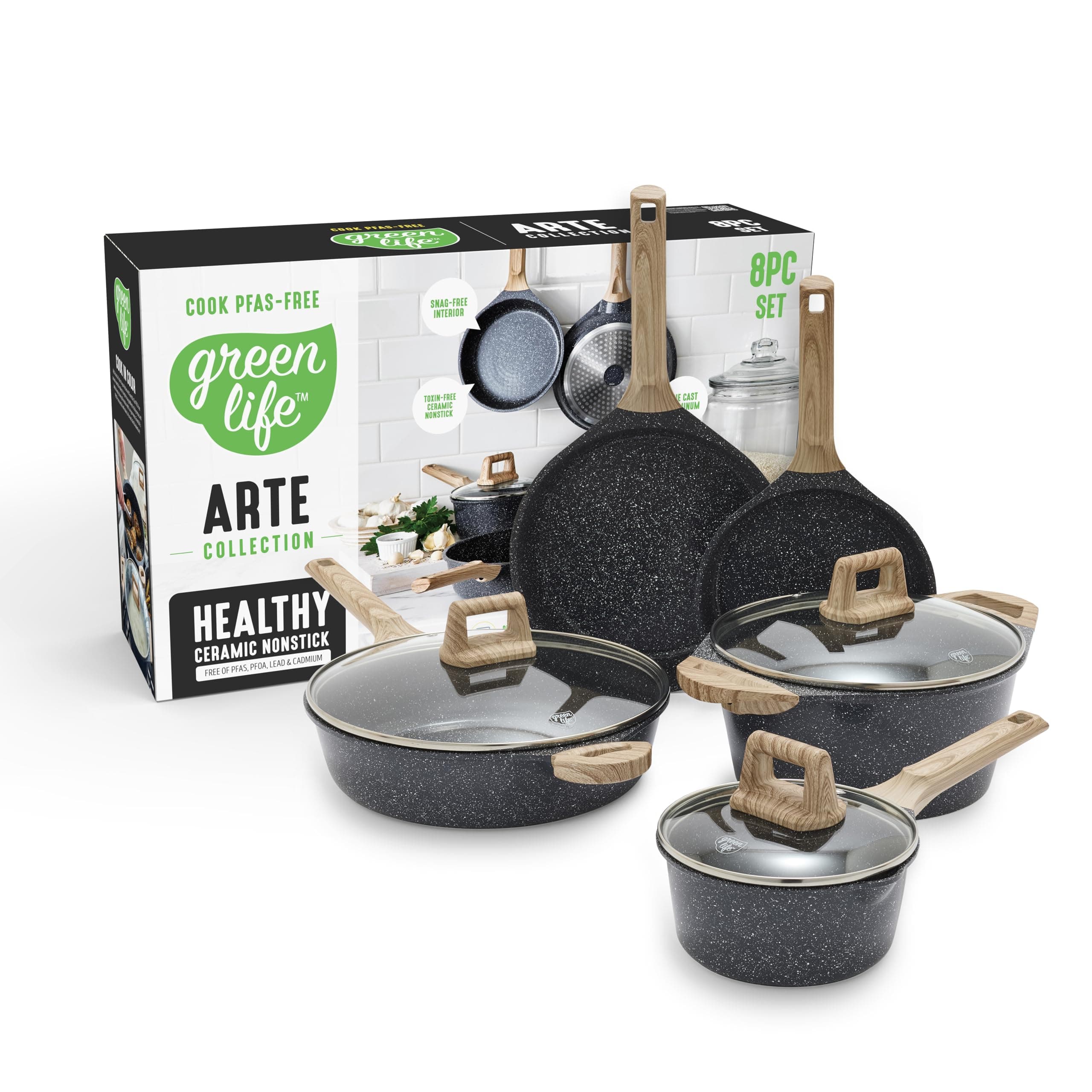 GreenLife 8 Piece Ceramic Nonstick Cookware Set, Induction Suitable Non Toxic PFAS-Free Pots & Pans, Dishwasher Safe, Cooking Set, Stock Pot, Saucepans & Frying Pans, Kitchen Cooking, Granite Black