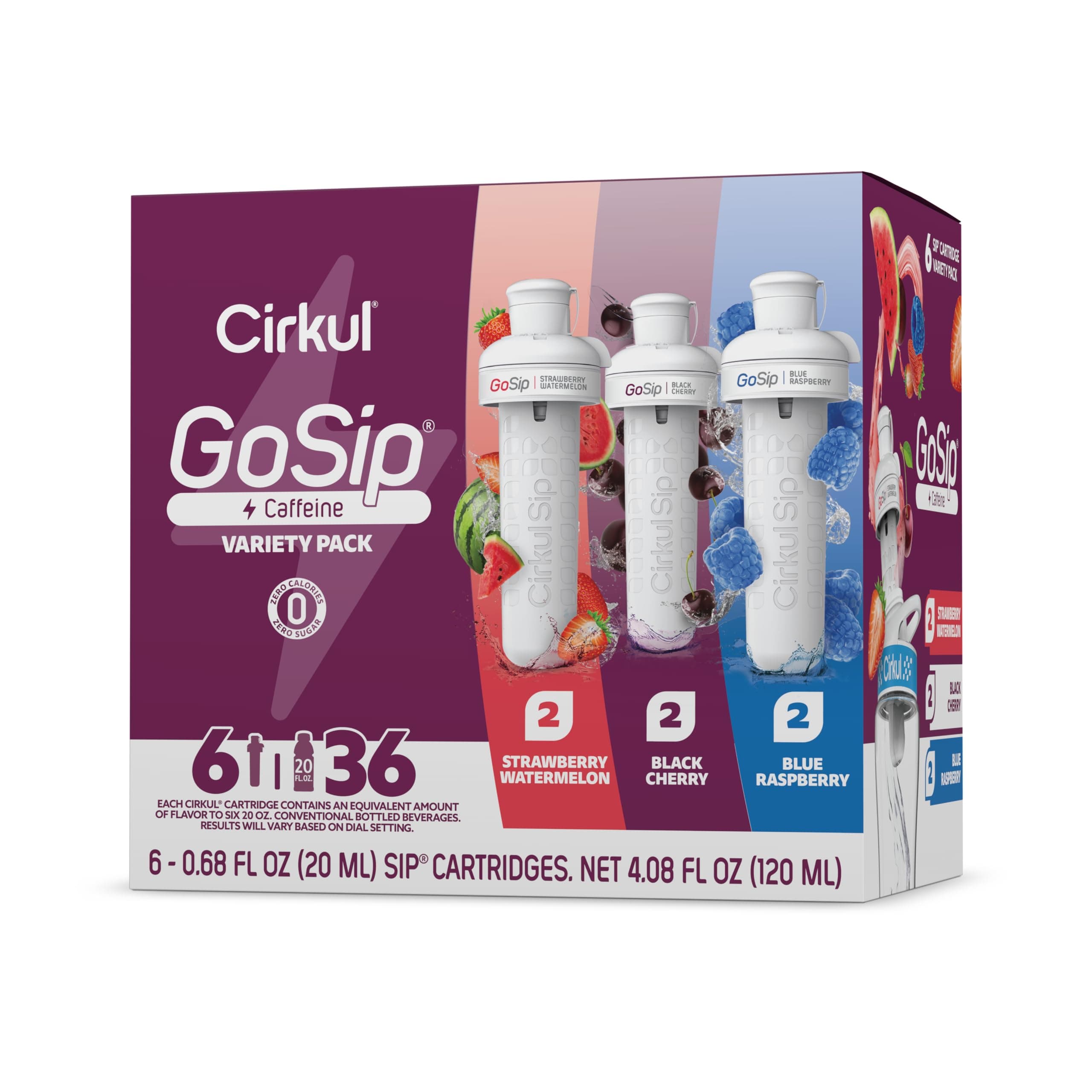 GoSip Flavored Water, Makes 36 Energy Drinks. No Sugar, 0 Calories. Flavored Water for Everyday Energy. With Caffeine & B-Vitamins (Black Cherry, Blue Raspberry, Strawberry Watermelon)