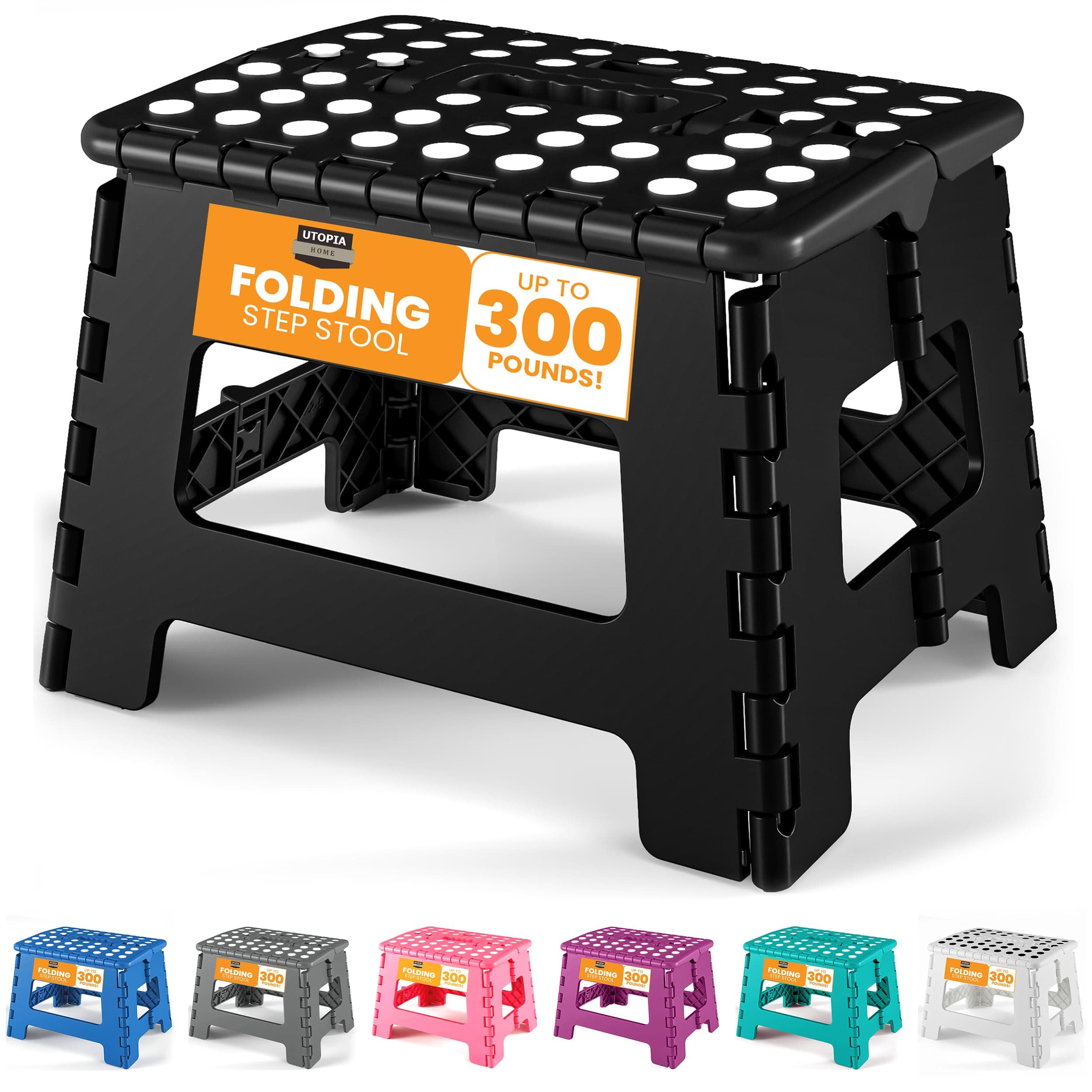 Utopia Home Foldable Step Stool for Kids - 28cm (L) x 23cm (W) x 23cm (H) - Black and White - Holds Up to 140kg - Lightweight Plastic Design