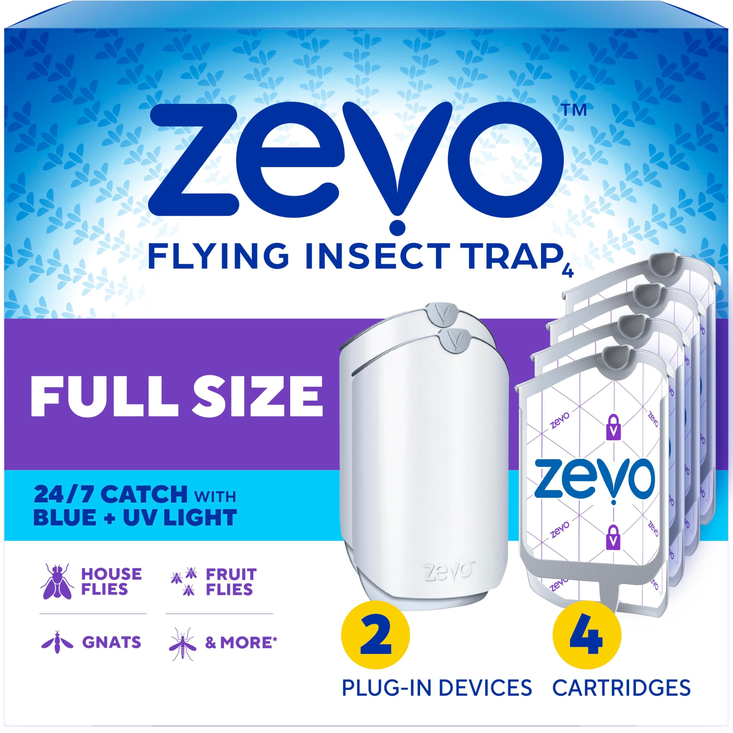 Zevo 2 Flying Insect Traps & 4 Refill Cartridges - Plug in Fly Trap & Indoor Bug Catcher for Gnats, House & Fruit Flies - Blue & UV Light Technology, Mess-Free Alternative to Bug Zapper