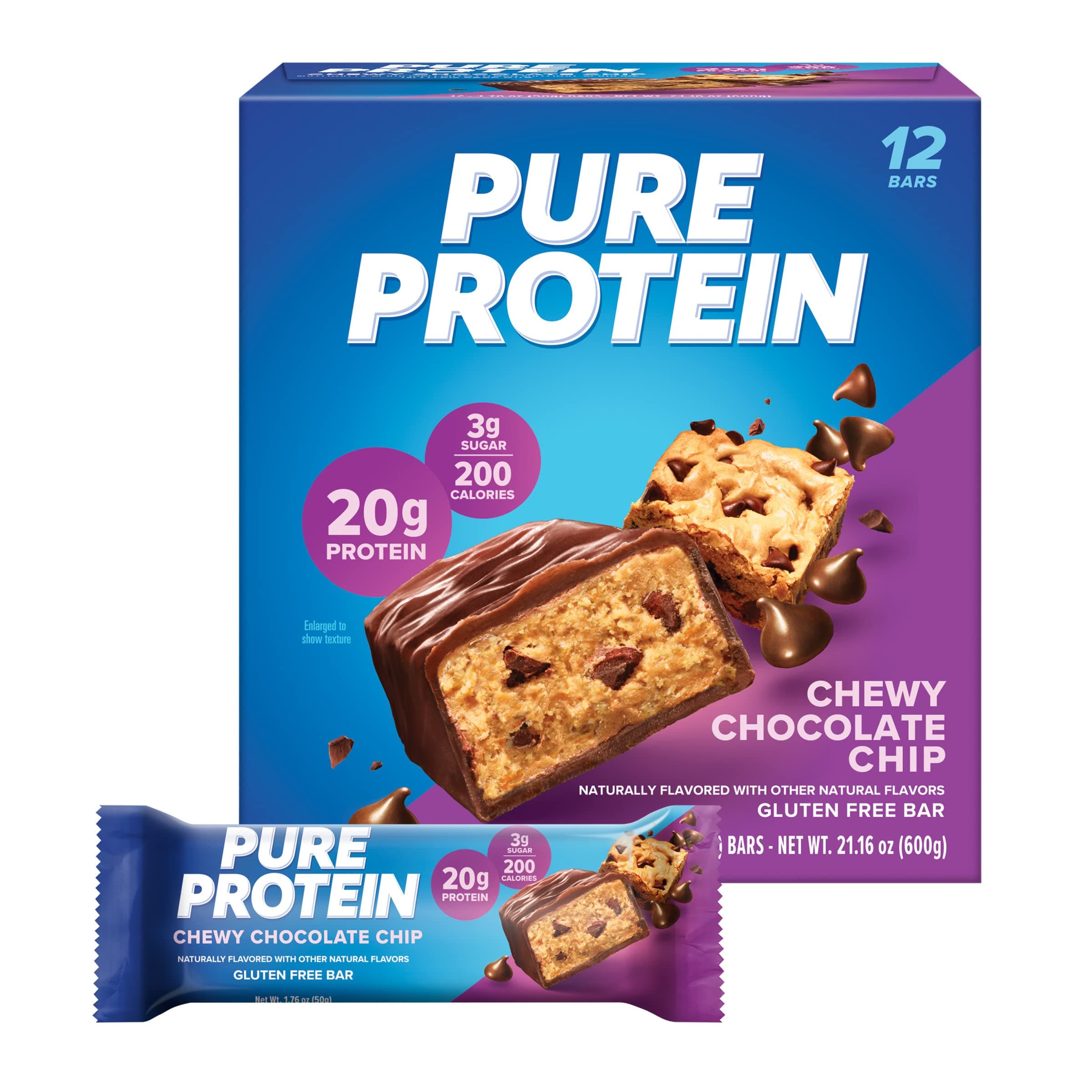 Pure Protein Chewy Chocolate Chip Protein Bars – 20g Protein, 3g Sugar, 190 Calories (12 count) Low Sugar* High Protein Snack - Gluten Free - Perfect for a Healthy Snack