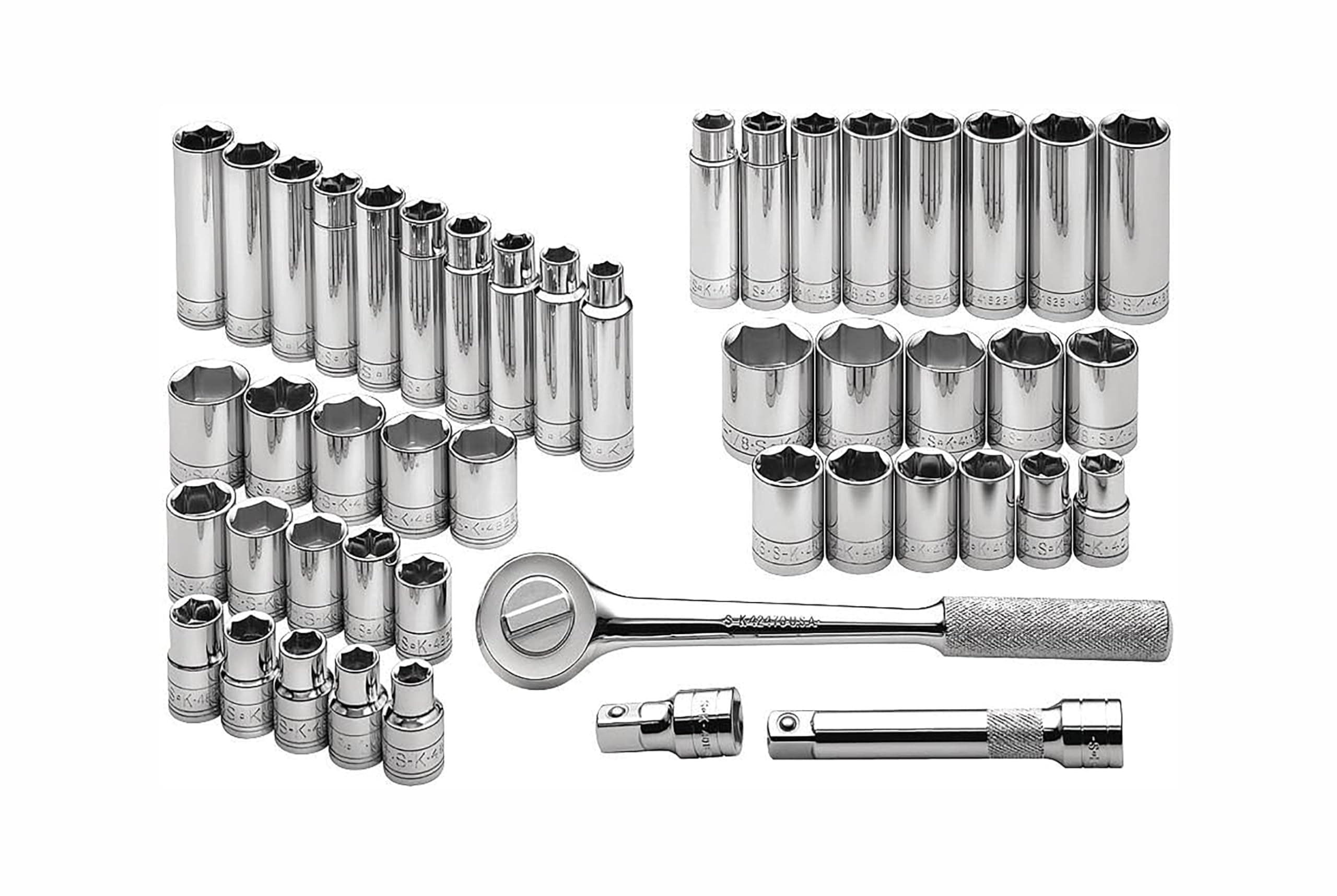 SK Tools USA 1/2" Drive, 47 Piece, 6 Point, Standard & Deep, SAE & Metric Chrome Socket Set: 1/2" - 1-1/8" and 10MM - 24MM with Extensions and Ratchet | 4147-6