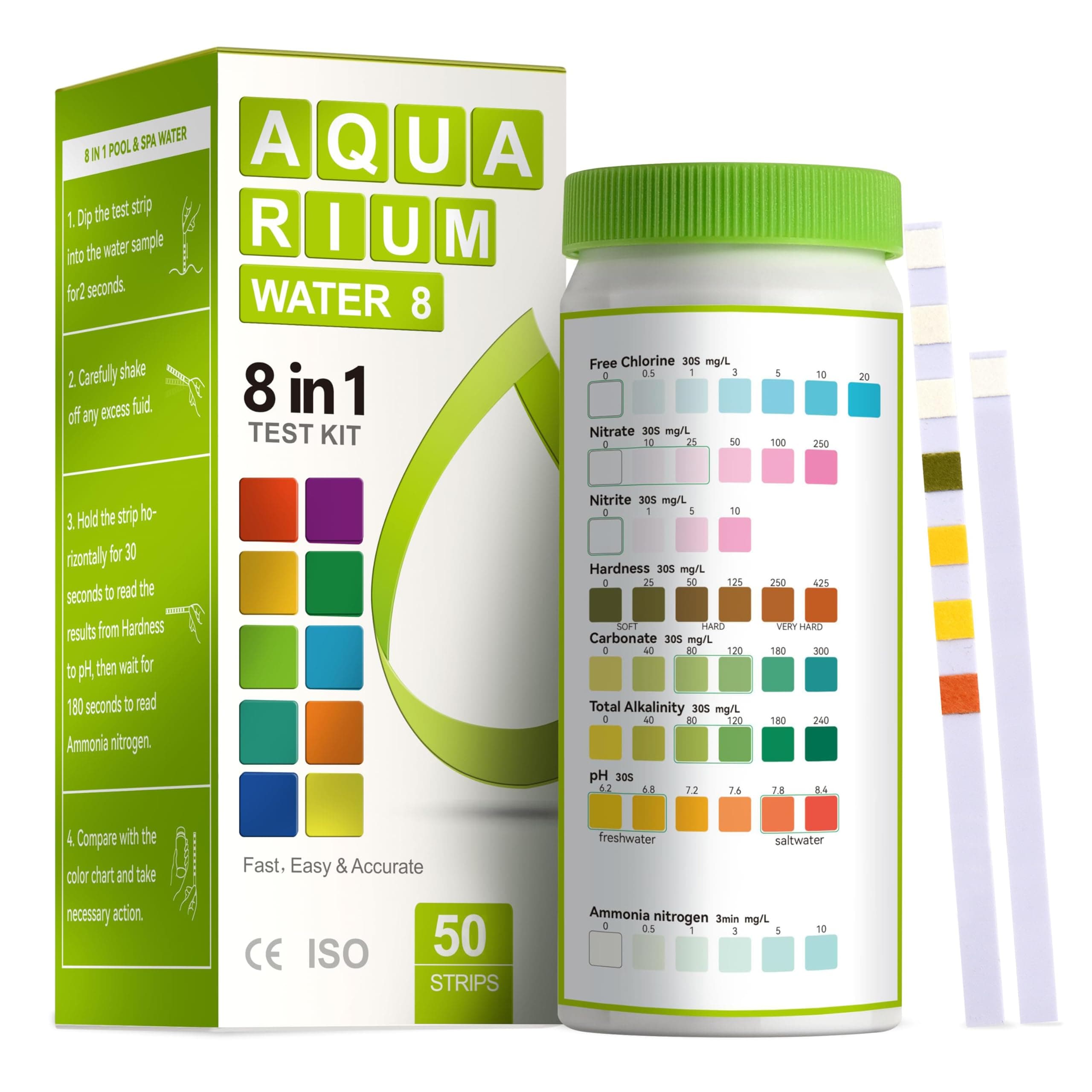 AAwipes Aquarium Ammonia Test Strips 8-in-1 |100 Strips | Quick & Accurate Water Testing for Freshwater & Saltwater Tanks -Test pH, Carbonate, Alkalinity, Hardness, Chlorine, Nitrite, etc. (K02-100)