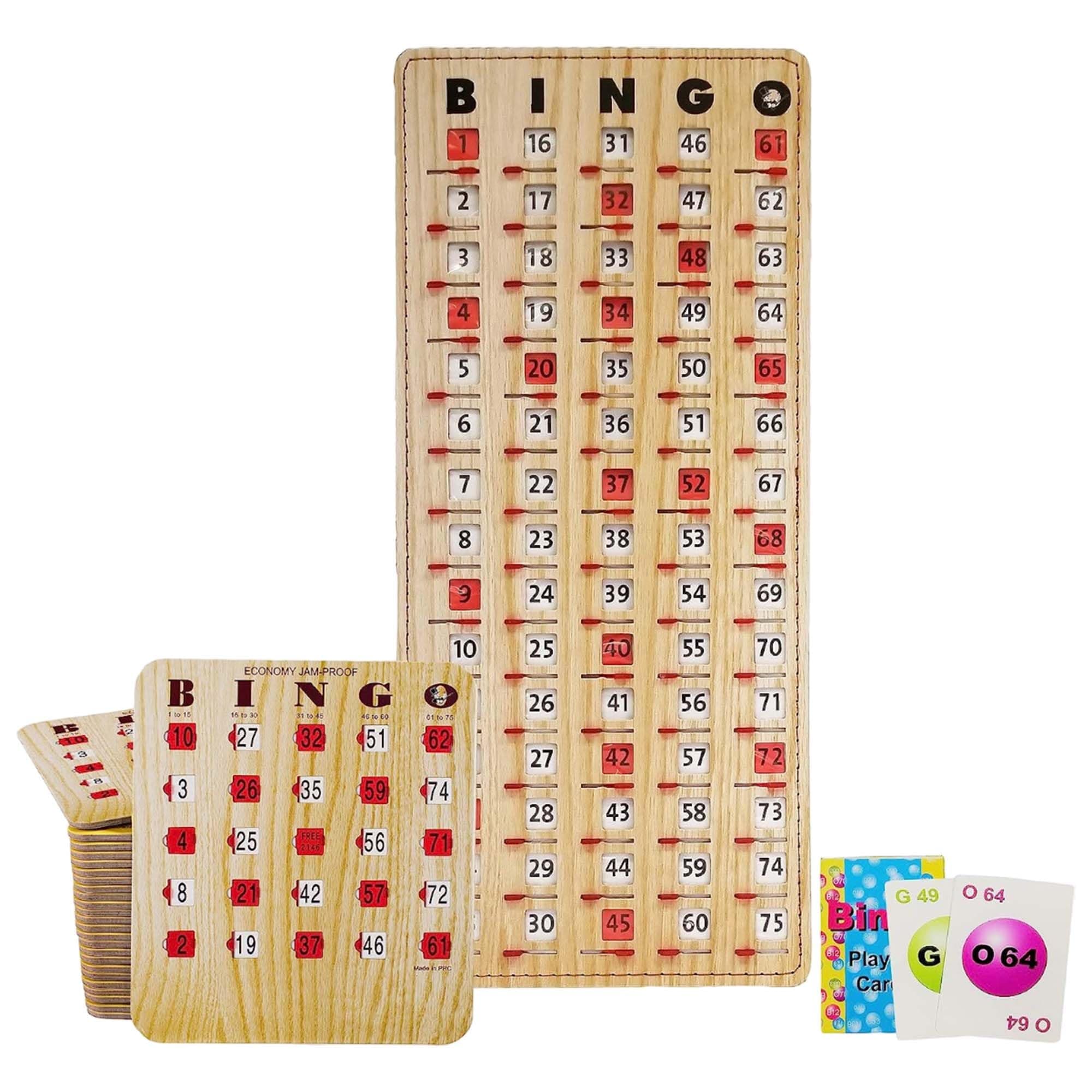 MR CHIPS Jam-Proof Bingo Cards with Sliding Windows, 25 Tan Woodgrain Bingo Cards, 75 Bingo Calling Cards, 1 Bingo Master Board