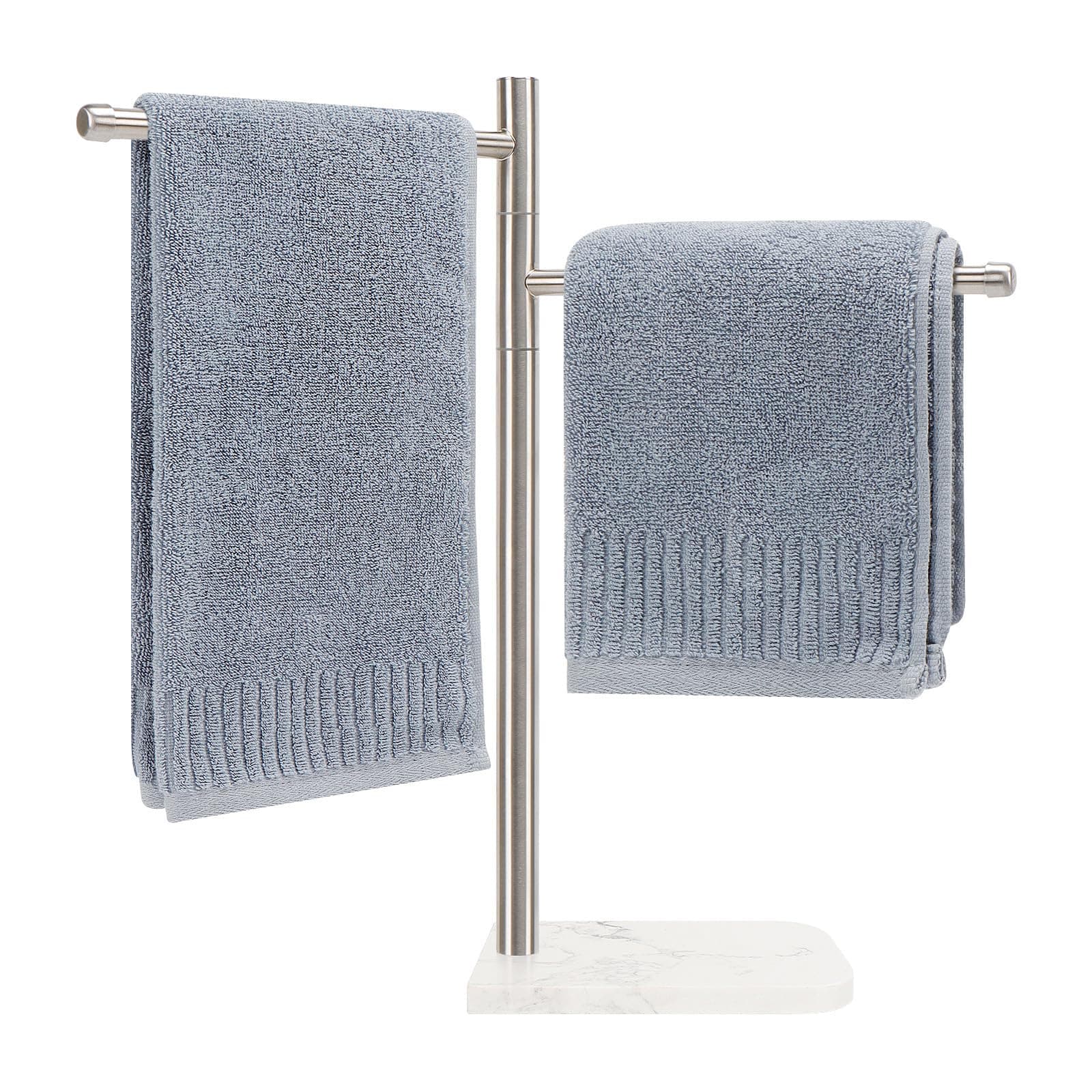 Standing Hand Towel Holder, Hand Towel Stand with Marble Base, 304 Stainless Steel Towel Rack with 2 Swivel Arm, Countertop Stand Towel Ring Towel Bar for Bathroom (Brushed Nickel