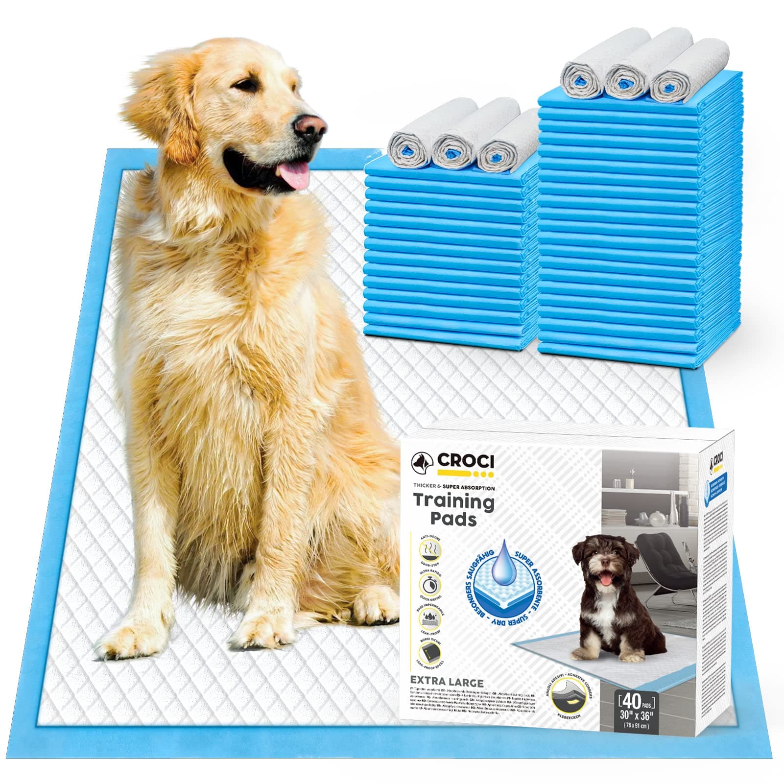 CROCI Dog Pads XXL 30x36in Thicker Heavy Absorbency Pee Pads for Dogs, Dog Pee Pads Absorbs Up to 8-Cup of Liquid, 6-Layer Dog Training Pads Leak-Proof & Quick Drying, Disposable (40 Counts)