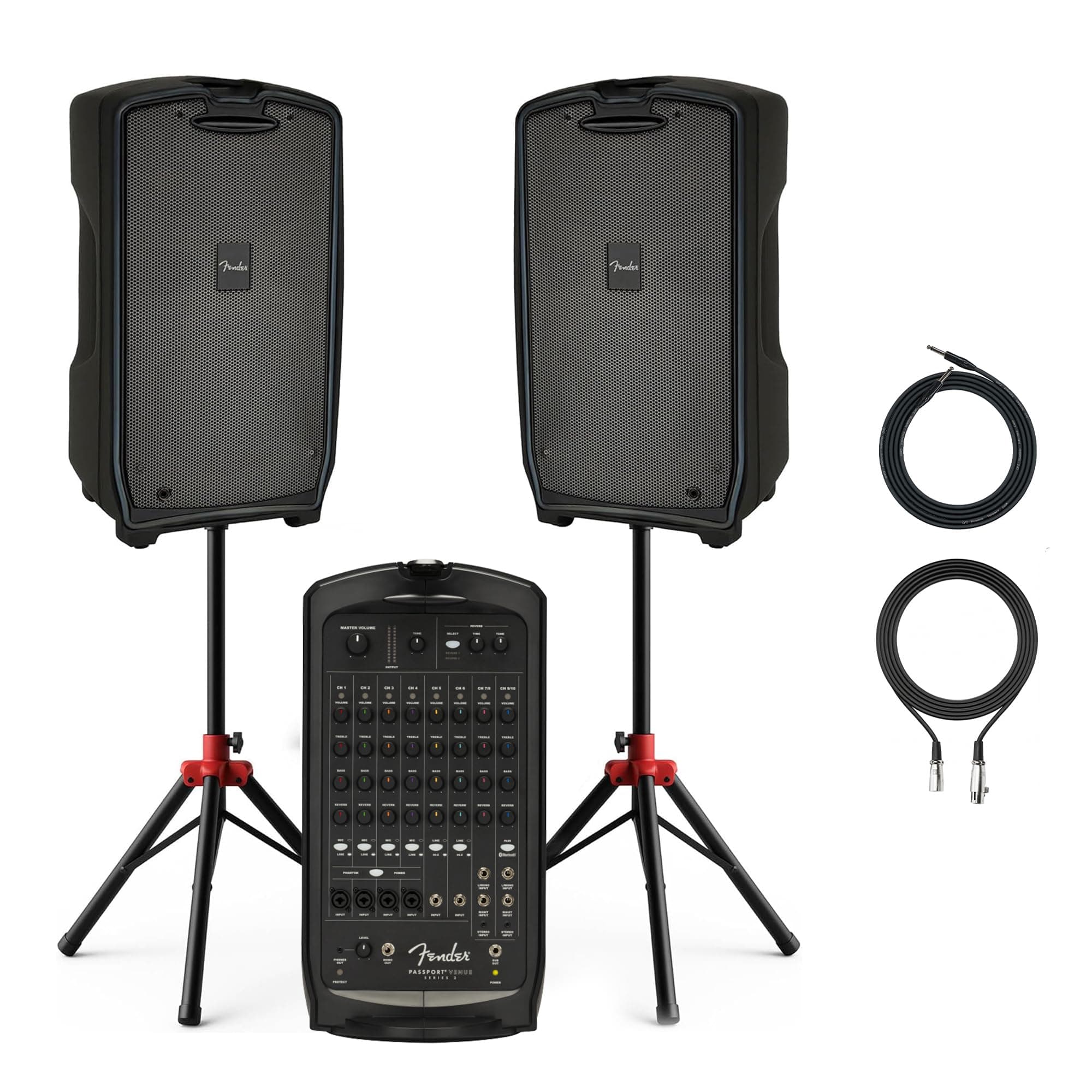 Fender Passport Venue S2 Portable PA System Bundle with Compact Speaker Stands, XLR Cable, and Instrument Cable