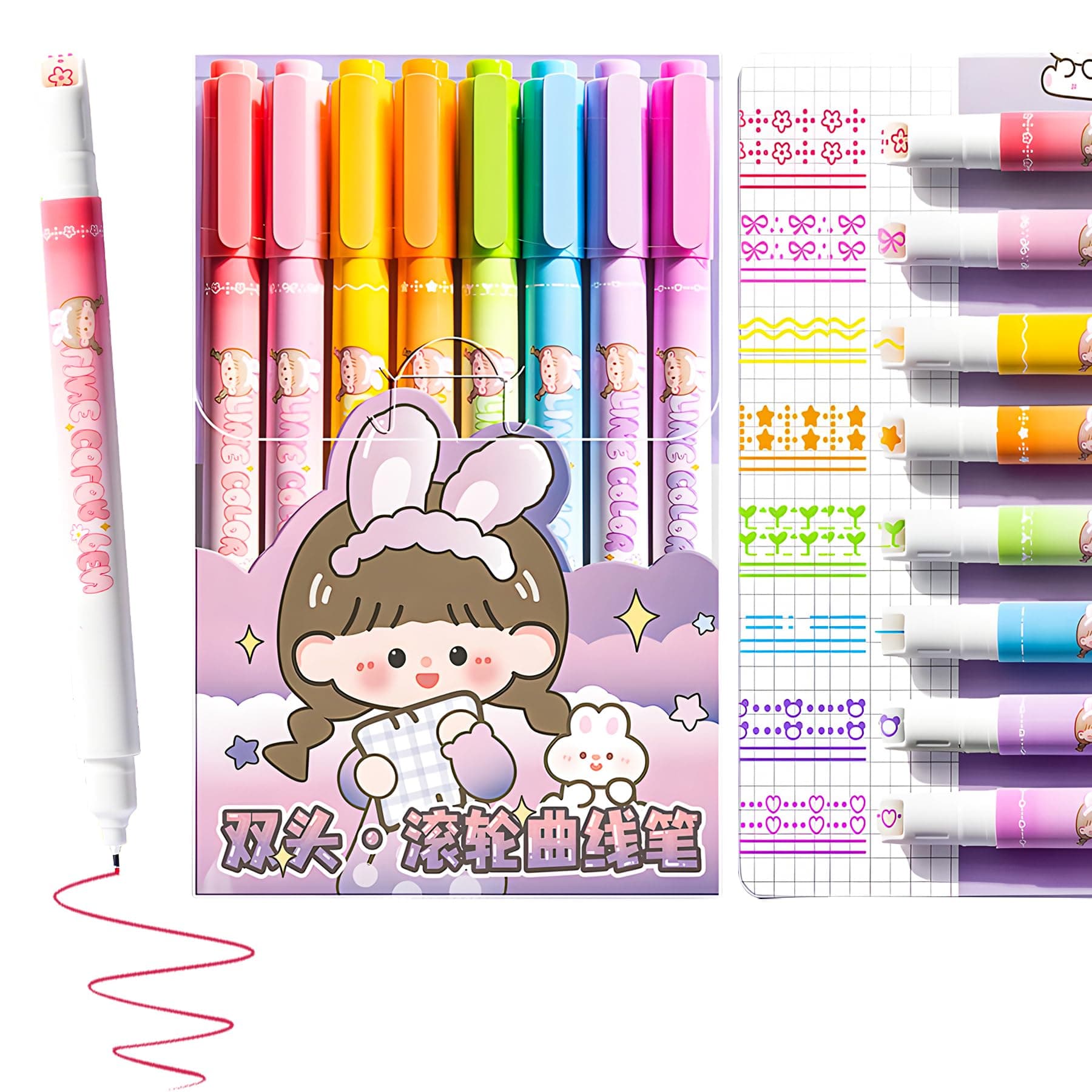 WISHKEY Plastic 2 in 1 Colorful Pen Set with Stamp, Roller Stamp Curve Highlighter Pen Set, Adorable Designs, Smooth Operation, Fancy Pen for Girls, Stationery Gift for Kids, Multicolor, (Pack of 8)