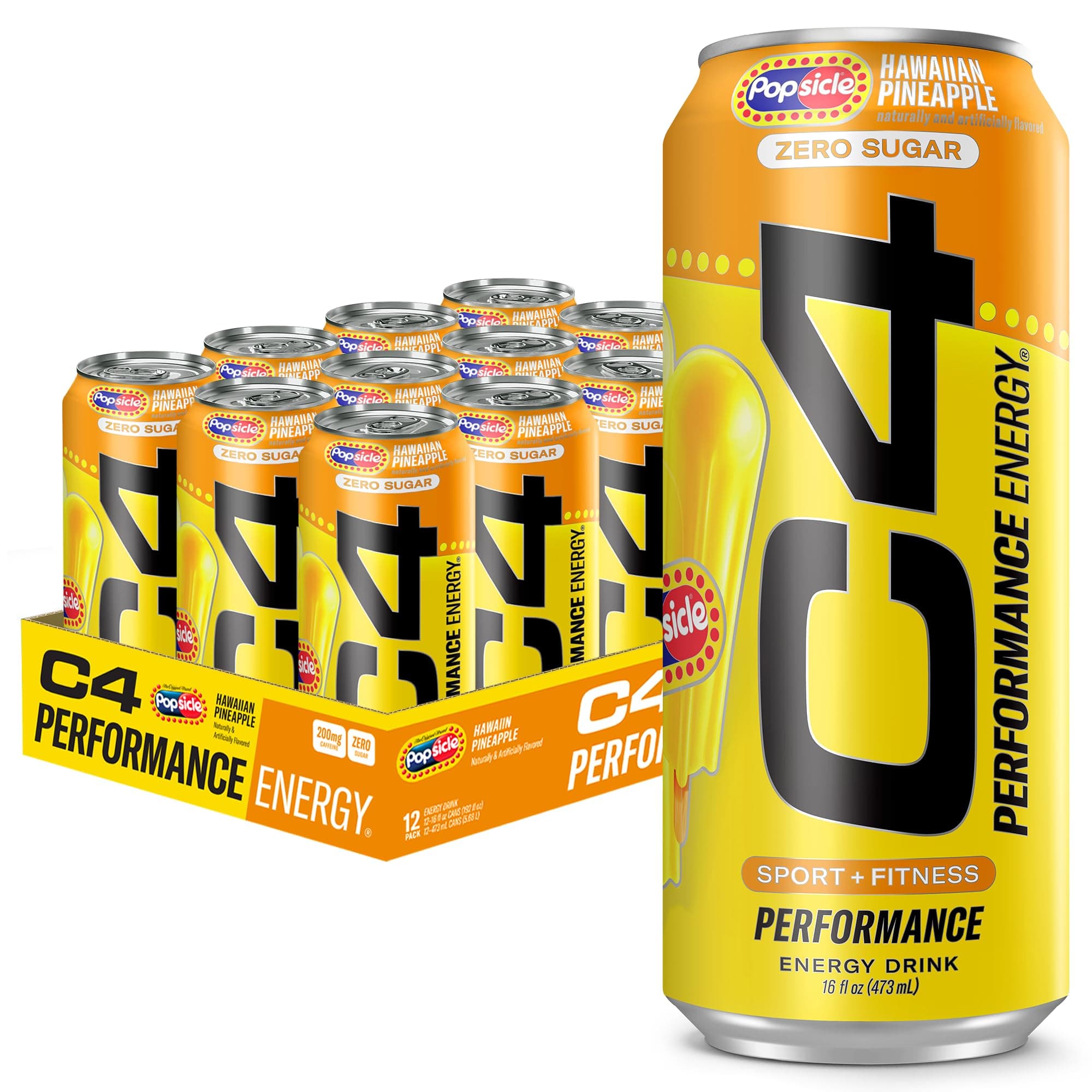 C4 Performance Energy Drink, Hawaiian Pineapple Popsicle, Zero Sugar Carbonated Preworkout Energy, 200mg Caffeine with Beta Alanine, 16 Fl Oz (12 Pack)
