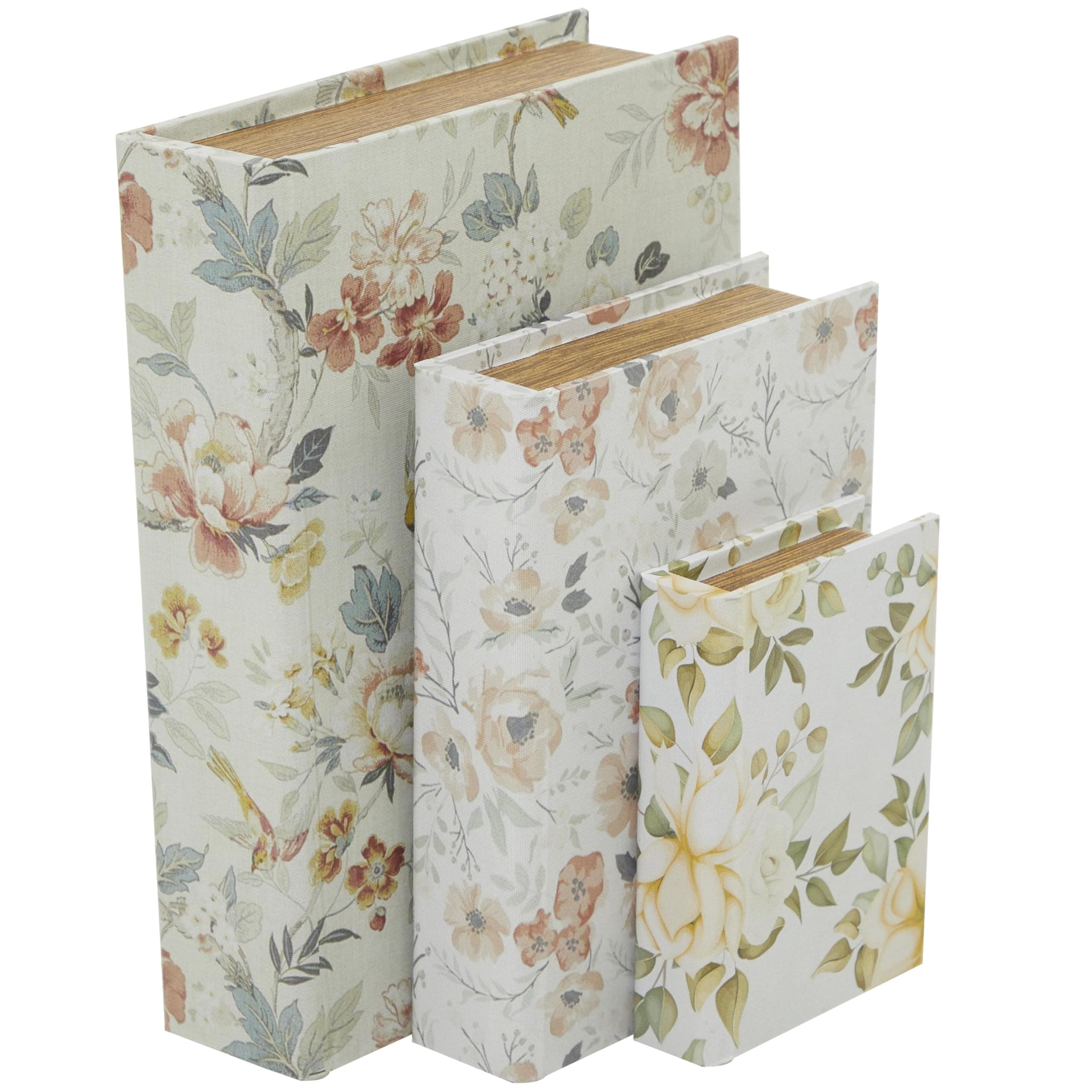 Deco 79 Canvas Decorative Box Faux Storage Book Book Shaped Boxes with Pink and Blue Floral Patterns, Set of 3 Decorative Keepsake Boxes 12", 9", 6"H, White