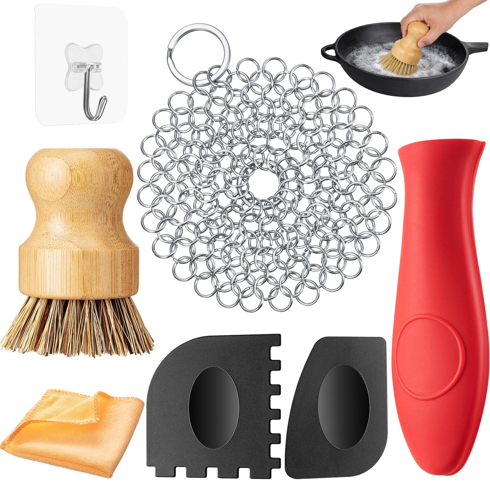 Patelai 7 Pieces Cast Iron Cleaner Set Include Stainless Steel Chainmail Scrubber with Bamboo Dish Scrub Brush Hot Handle Holder 2 Pan Grill Scrapers Kitchen Towel Wall Hook (Bright Color)