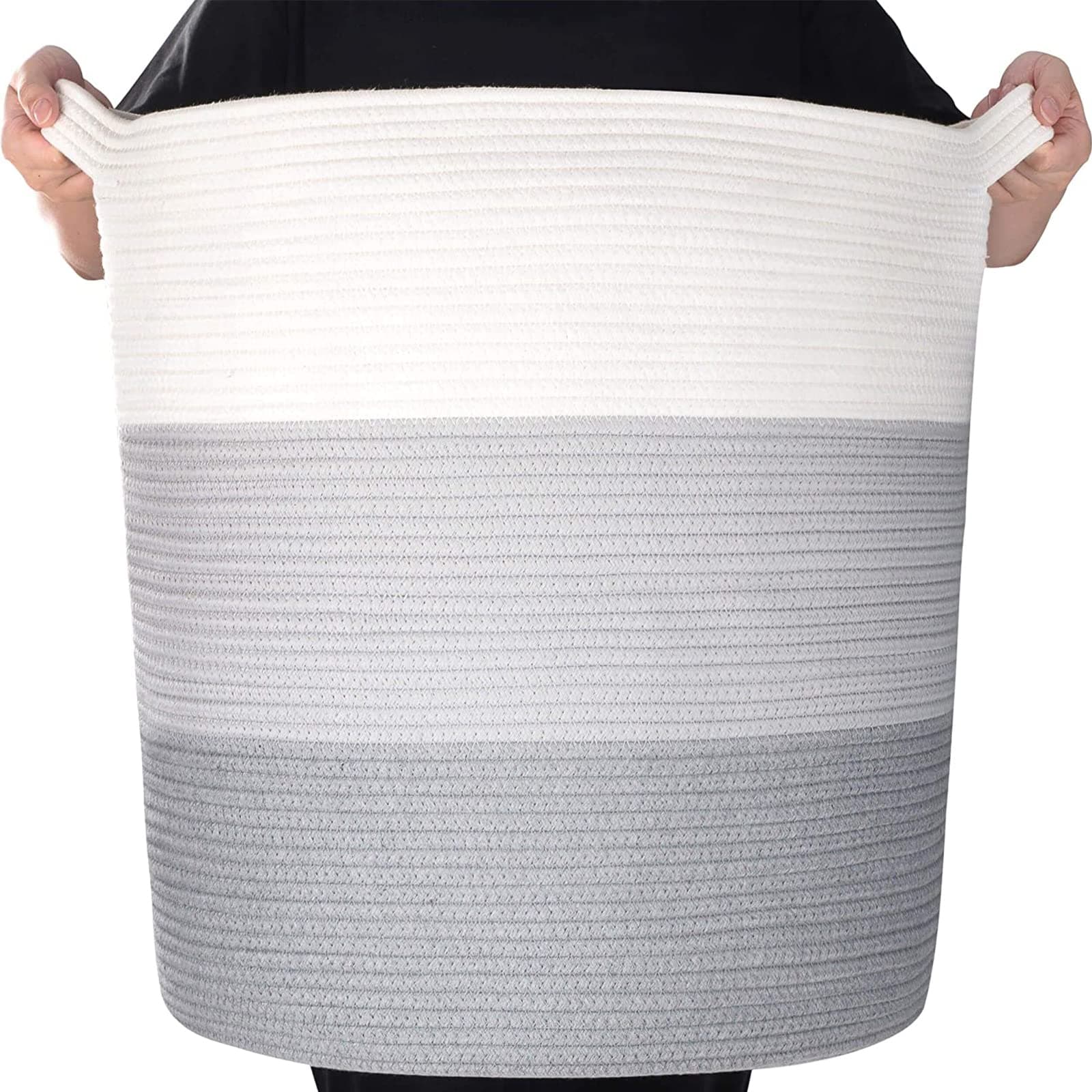 Cotton Rope Basket & Woven Laundry Hamper - Collapsible Clothes Hamper for Storage, Blankets, Laundry Room Organizing & Bedroom Storage - Big Round Basket