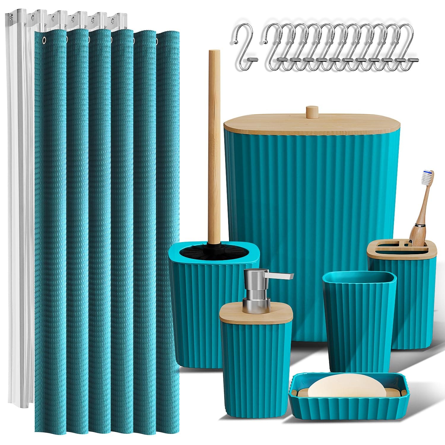 Clara Clark Bathroom Accessories Set - Bathroom Set, Bathroom Accessory Set, Shower Curtain Set, Toilet Brush, Trash Can & Soap Dispenser - Teal - 20PC