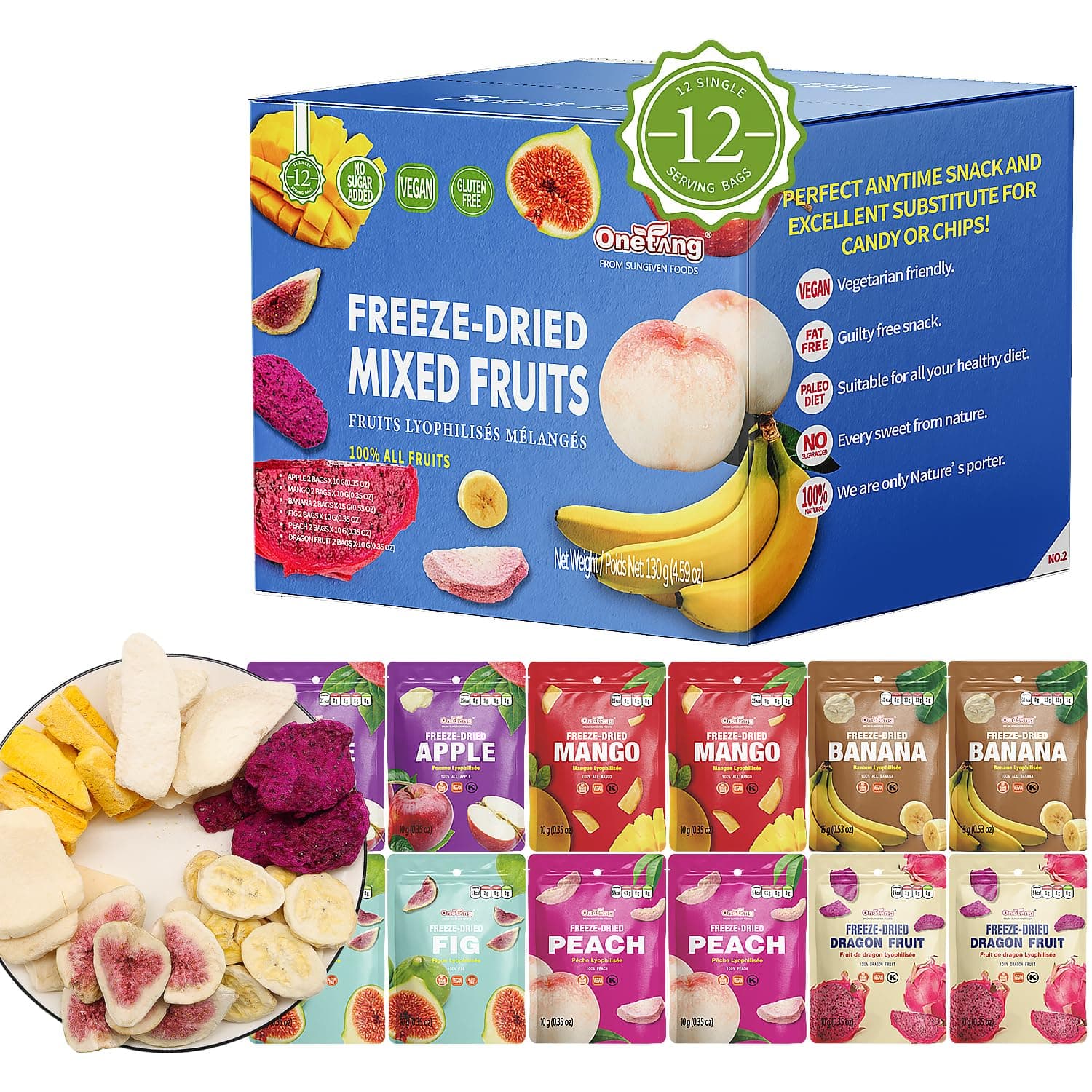 Freeze-Dried Mixed Fruit, 12 Pack Single-Serve Pack, Non GMO, Kosher, No Add Sugar, Gluten free, Vegan, Holiday Gifts, Healthy Snack, Blue Box, 0.35 Ounce