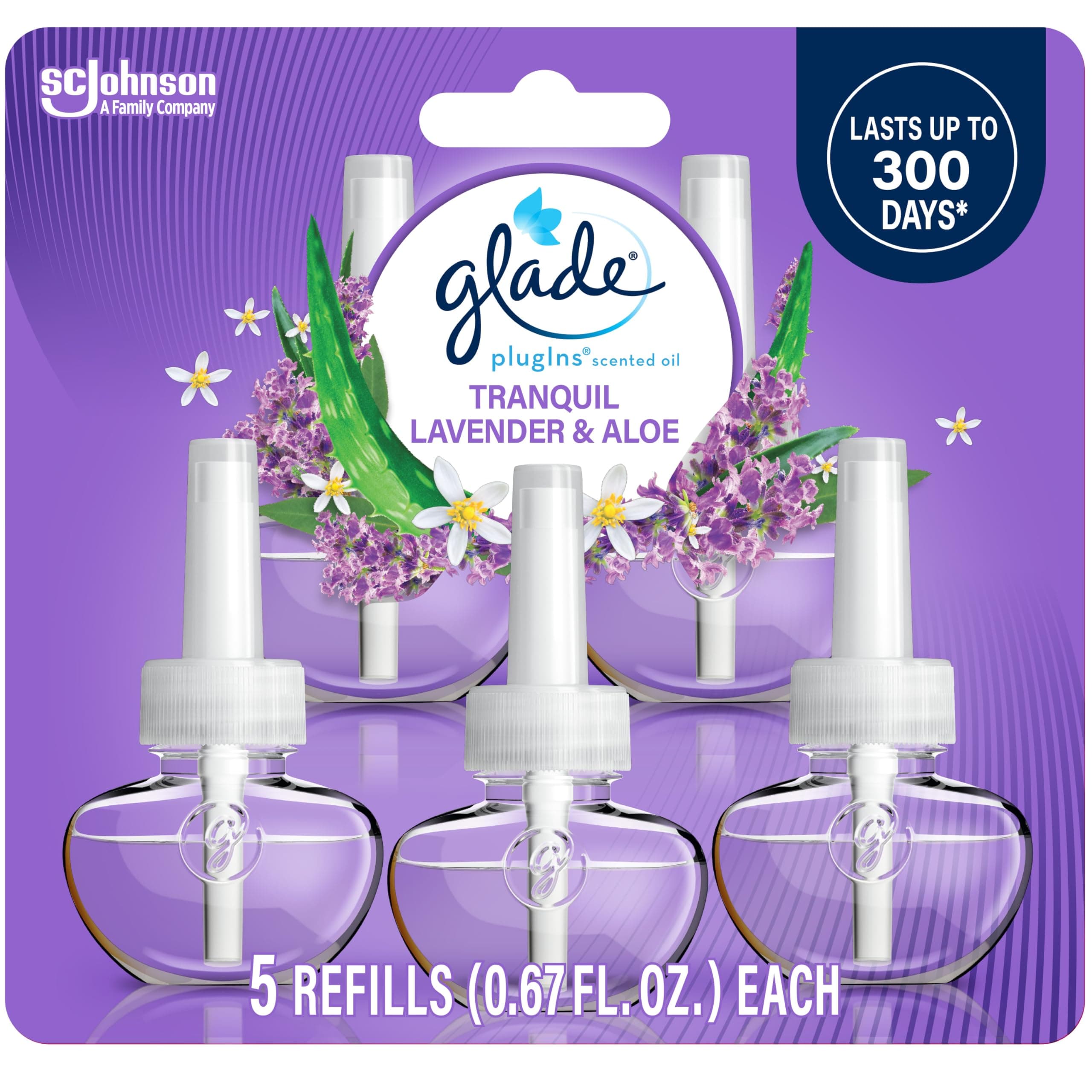 PlugIns Refills Air Freshener, Scented and Essential Oils for Home and Bathroom, Tranquil Lavender & Aloe, 3.35 Fl Oz, 5 Count