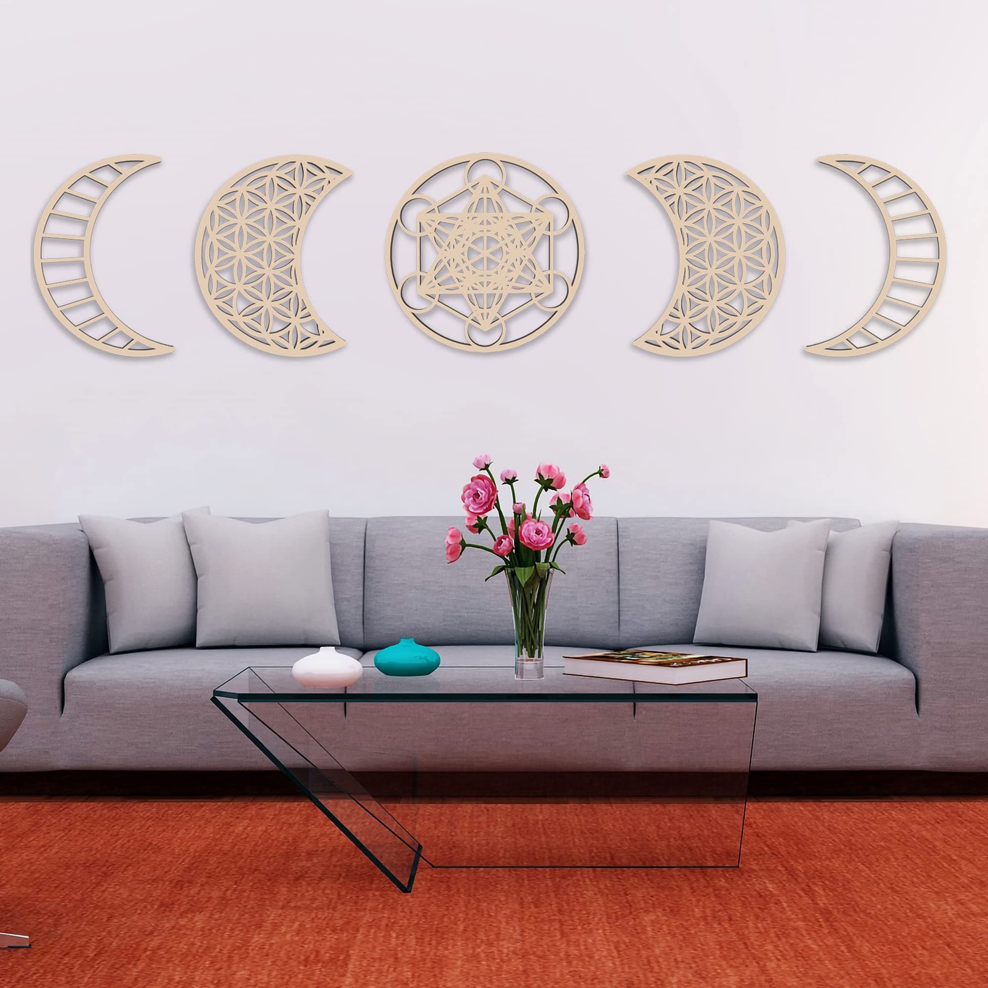 Moon Phase Room Decor – Sacred Geometry Home Decor – Meditation Accessory Wooden Wall Decor and Aesthetic Room Decor – Metatrons Cube, Flower of Life Wall Art (Natural Wood)