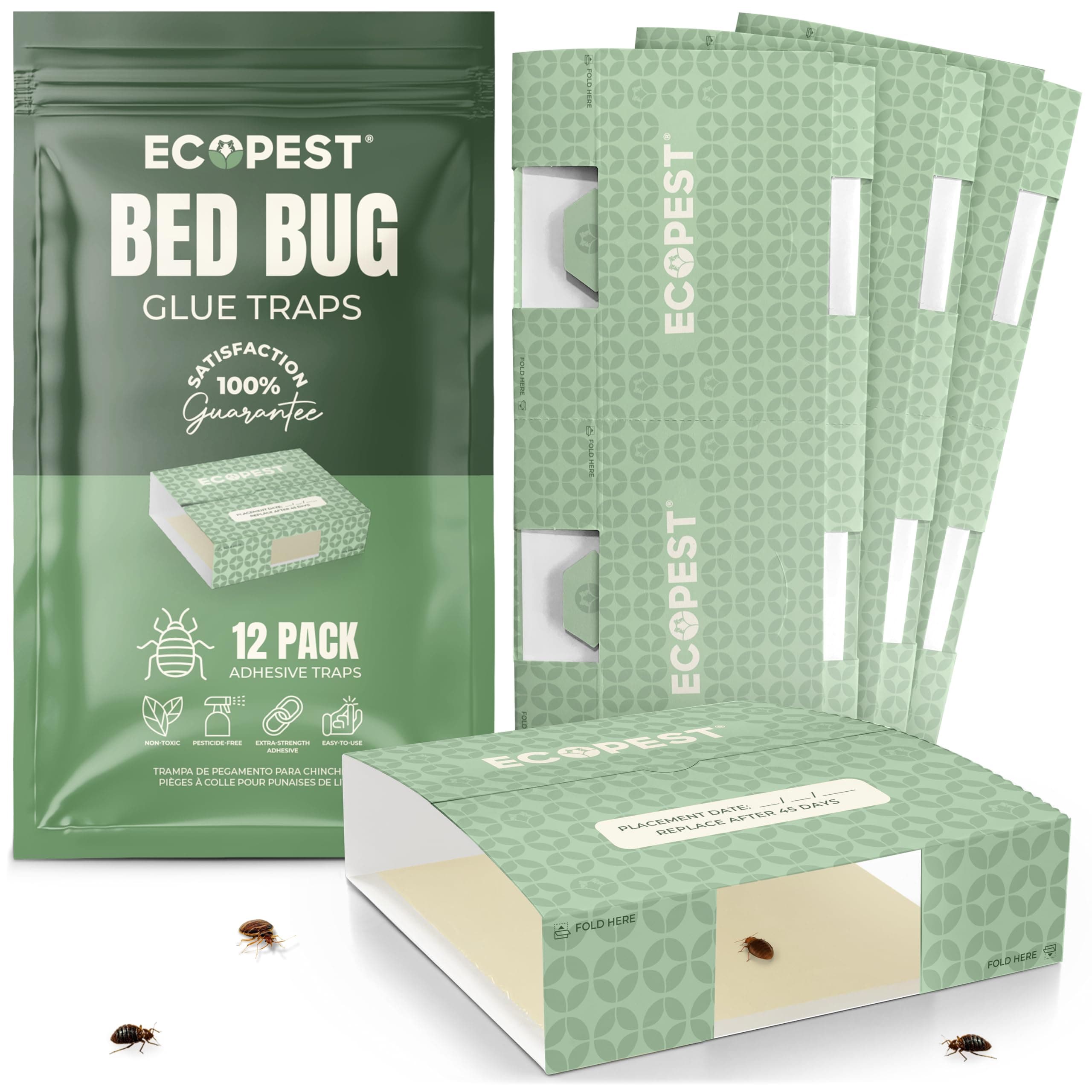 ECOPEST Bed Bug Glue Traps – 12 Pack | Sticky Indoor Pest Control Trap for Use with Beds and Other Furniture | Adhesive Crawling Insect Trap, Monitor, and Detector for Bed Bugs