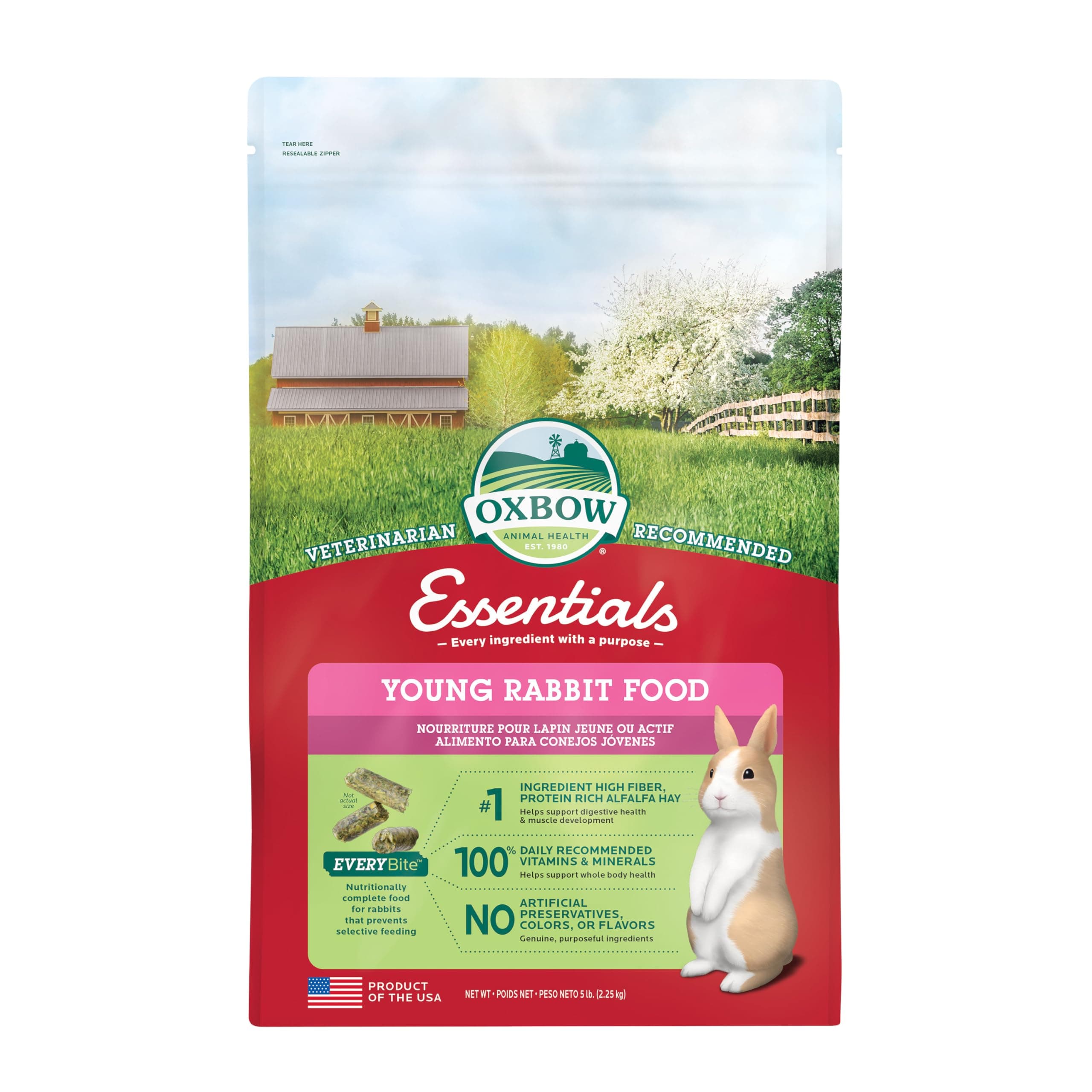 Essentials Rabbit Food, Young Rabbit, Made with Oxbow Alfalfa Hay, Pet Food Pellets with Vitamins & Minerals, Small Animal Pet Products, Bunny Supplies, Made in USA, High Fiber, 5 lb. bag