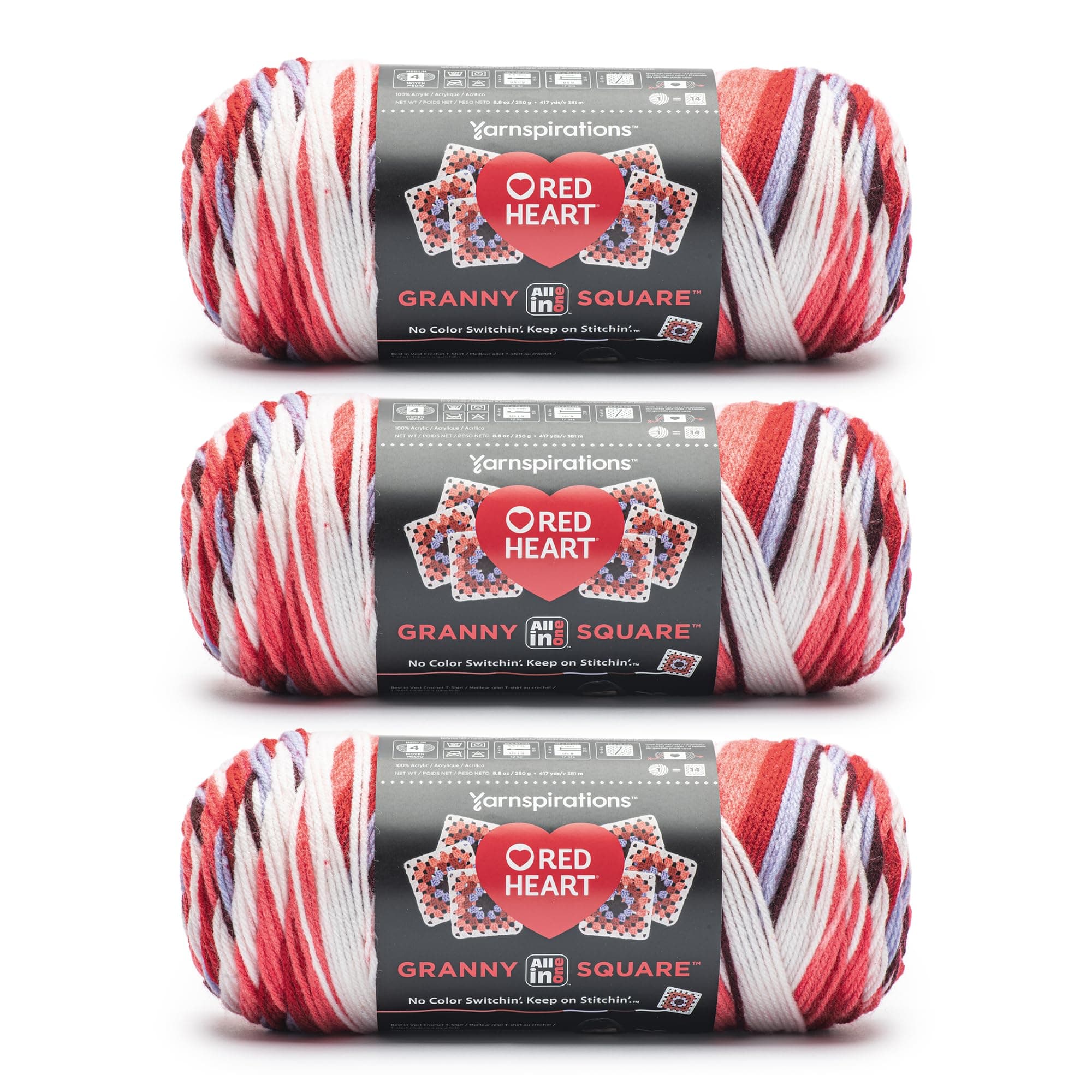 Red Heart All in One Granny Square Soft White- HOT Stuff Yarn - 3 Pack of 250g/8.8oz - 100% Acrylic - #4 Worsted (Medium) - 381m/417Yards - for Knitting, Crochet and Amigurumi