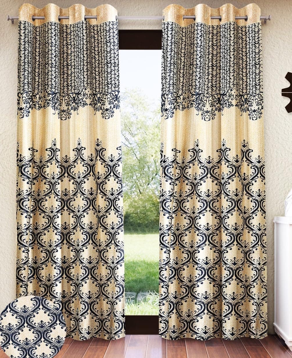 Home Sizzler 2 Pieces Regal Damask Grommet Polyester Window Curtain - 5 Feet, Black