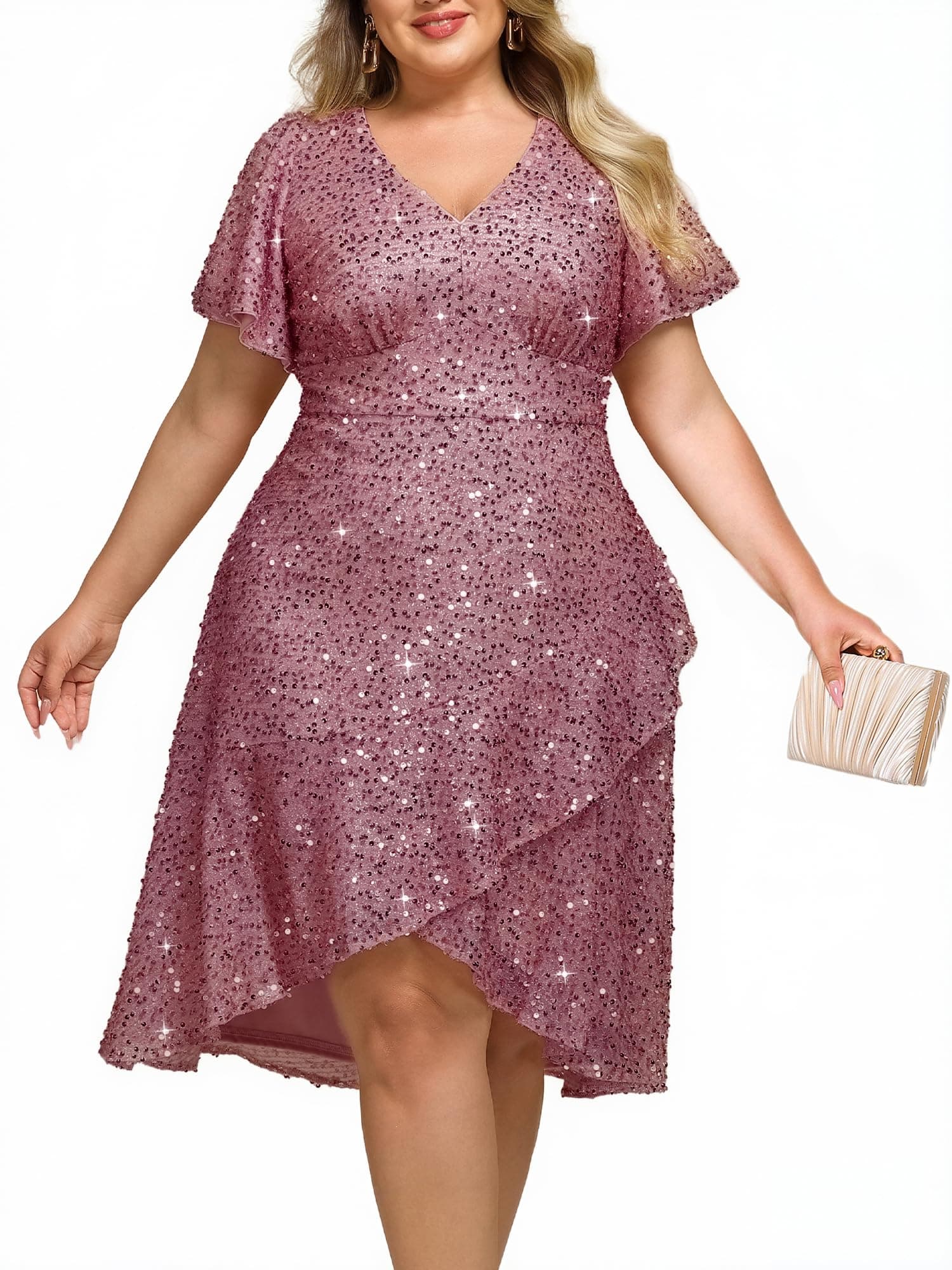 Ever-Pretty Plus Women's V Neck Short Sleeves A-line High Low Sequin Plus Size Formal Wedding Guest Dresses
