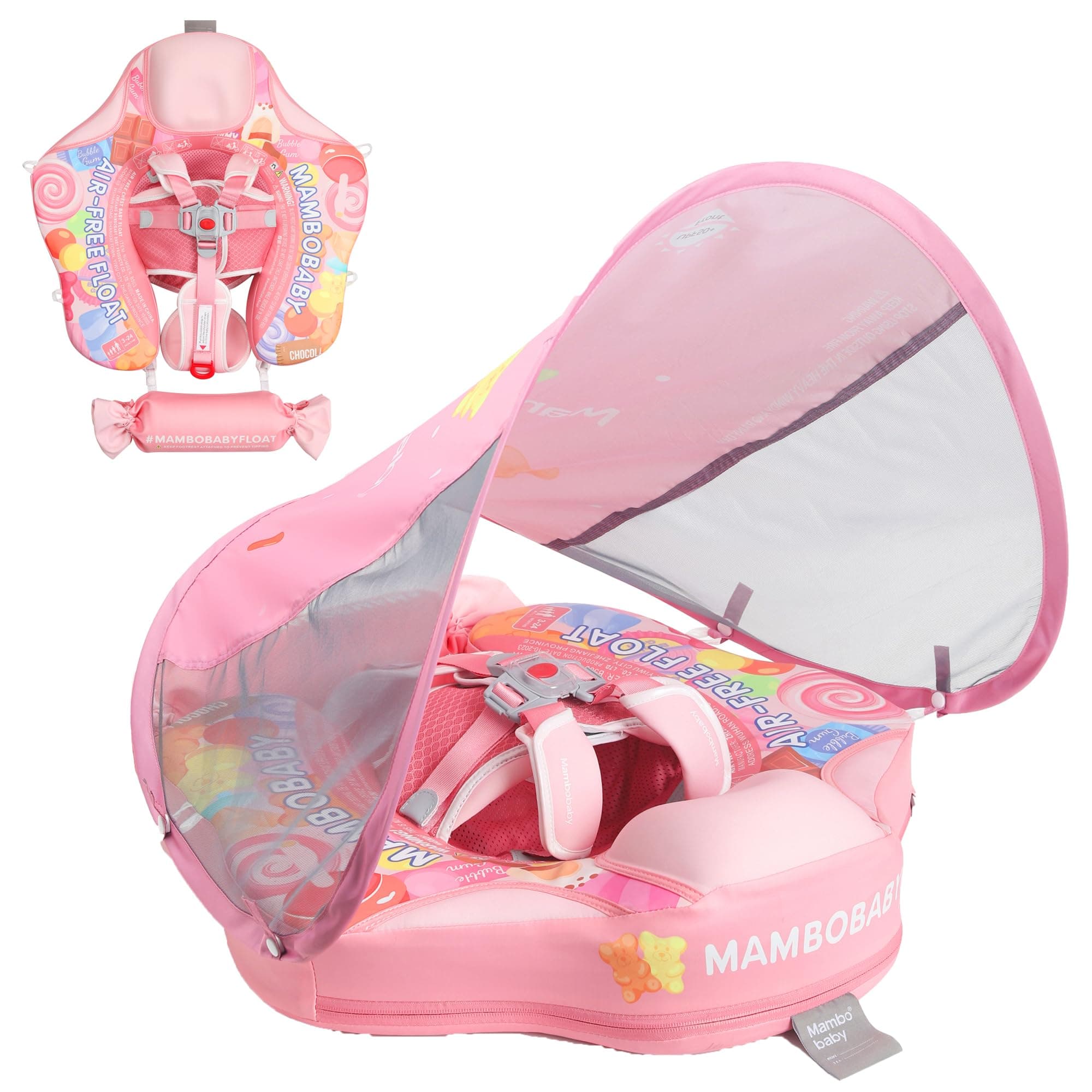 Mambobaby Float with Canopy Removable Baby Swimming Pool Float Non Inflatable Baby Safety Float Upgraded Tail Soft Skin-Friendly Material Swim Float for Toddler Infant 3-24 Months, Candy