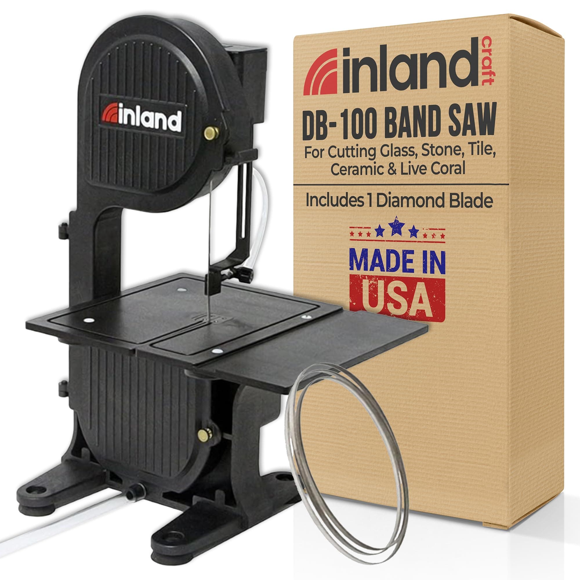 Inland Craft DB-100 Band Table Machine for Cutting Stained Glass, Diamond Blade Band, Lapidary Slab Saw, Rock, Coral & Stone Polisher, Hobby Bandsaw, Lampworking Glass Grinding, 115V Only - Black