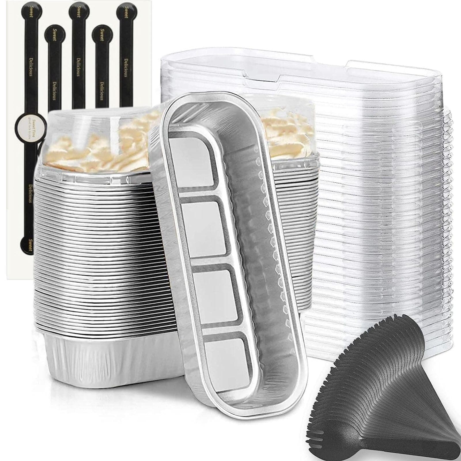 Findful Mini Loaf Baking Pans with Lids and Spoons (50 Pack, 6.8oz) Rectangle Aluminum Foil Baking Pans Tins Containers - Cupcake Containers Wrappers Cheesecake Creme Brulee Ramekins