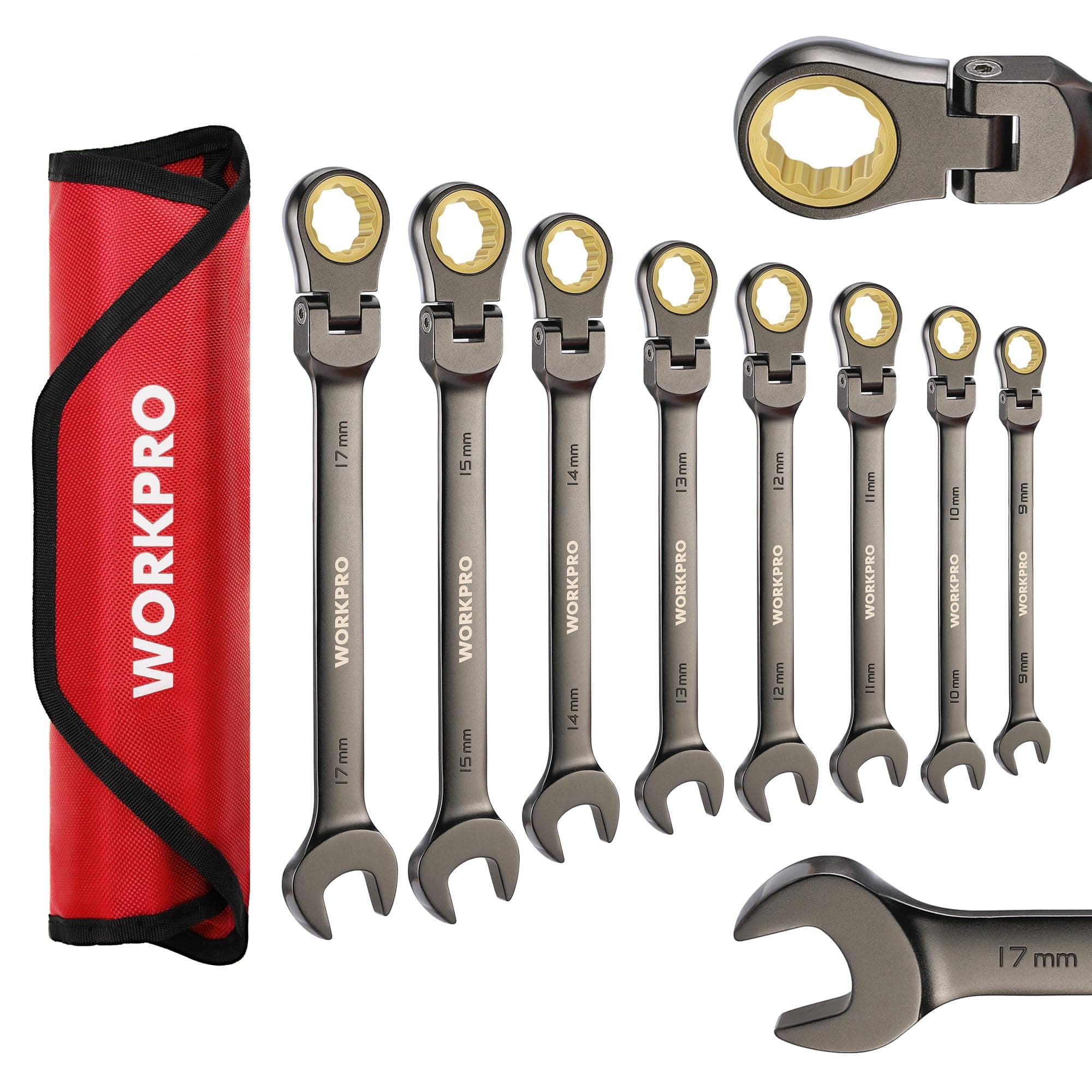 8-piece Flex-Head Ratcheting Combination Wrench Set, Metric 9-17 mm, 72-Teeth, Cr-V Constructed, Nickel Plating with Organization Bag