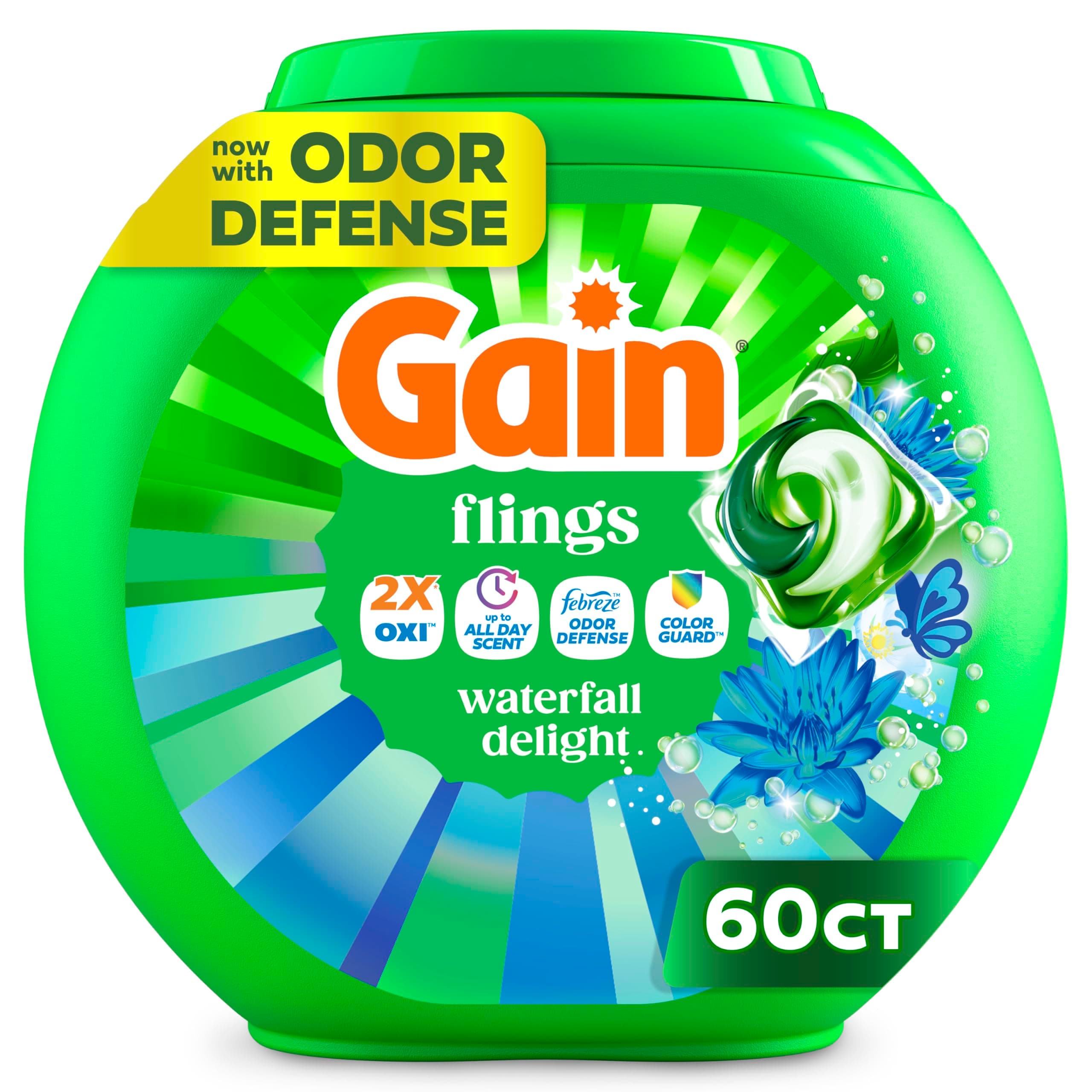 Flings Liquid Washing Detergent Pacs, Now with Odor Defense + Color Guard, Waterfall Delight Scent, 4-In-1 Liquid Laundry Detergent Pods, clean & fresh, 60 Count