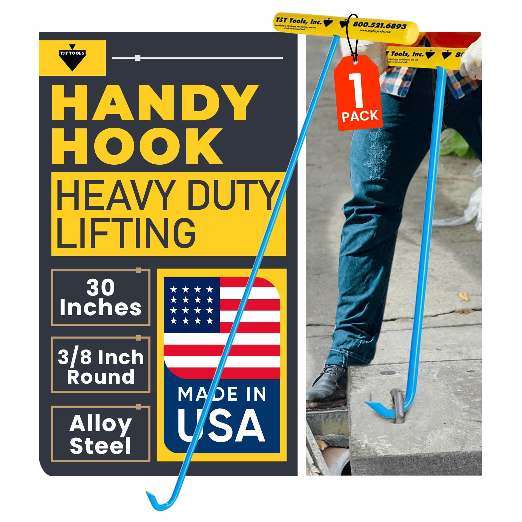T&T Tools Heavy Duty Handy Hook – Portable 30 Inch with 3/8" Round Pump Hook End –Multipurpose Lifting and Pulling Tool for Manhole Covers, Septic Tanks, Storm Drains, Sewer Lids & More –1 Pack | Portable, 30 Inch, 3/8" Round, for Manhole Covers, Septic Tanks