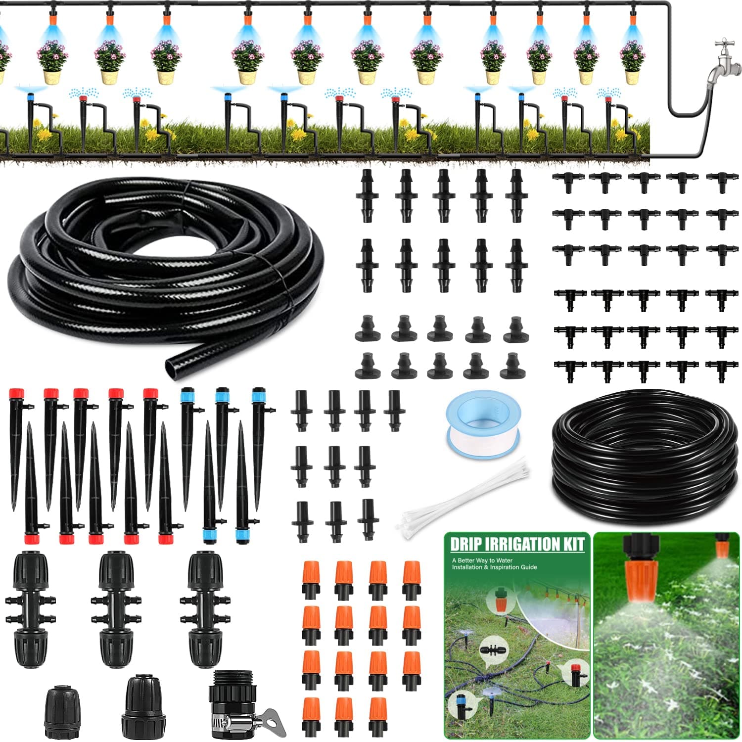 W-Dragon Drip Irrigation Kit,43m/141ft Garden Watering System with Quick Adapter 1/4 Distribution Tubing Hose Adjustable Nozzle Water Sprinkler No Leaking Automatic Misting for Greenhouse Blue-Orange