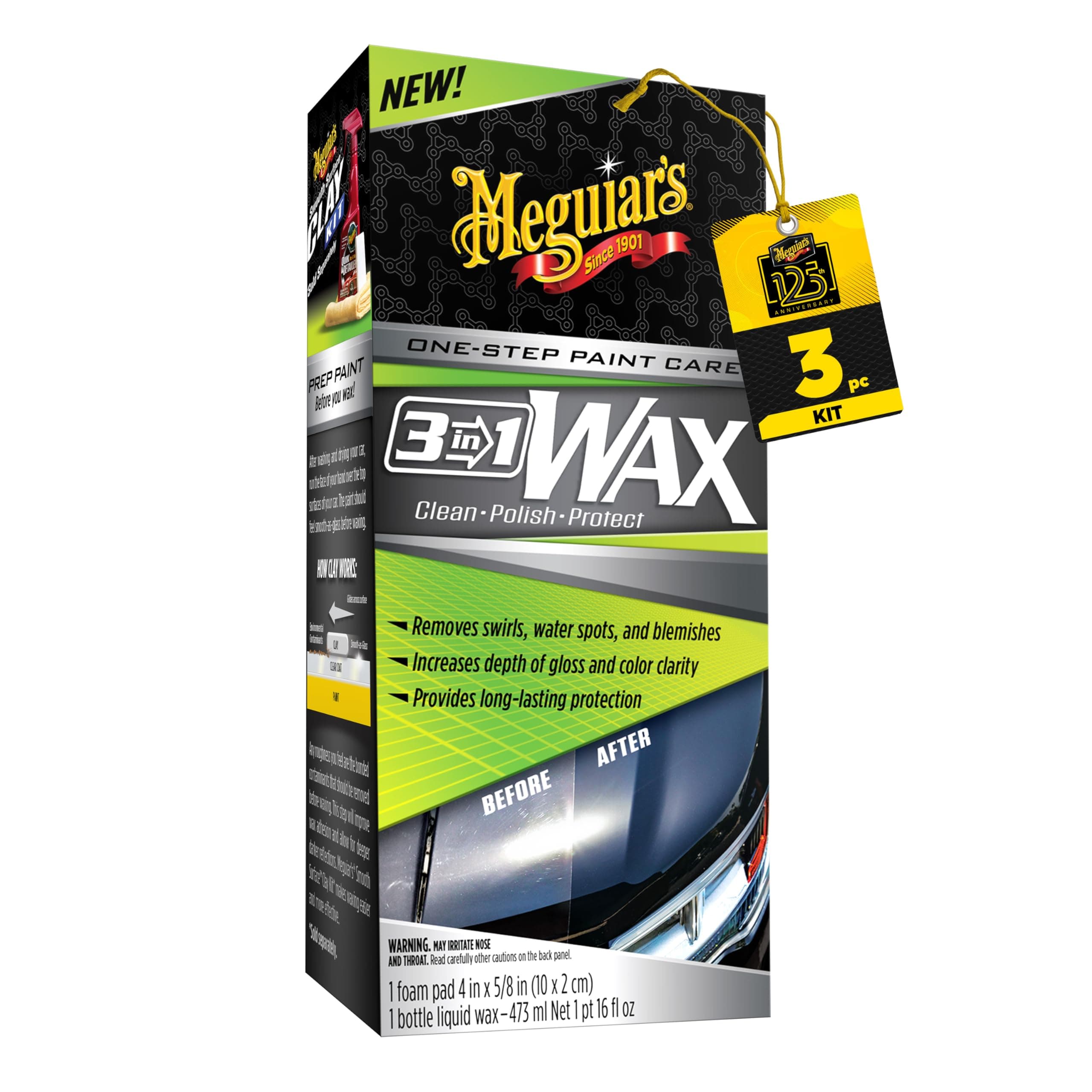 3 in 1 Wax - Advanced Cleaner Wax Blended with Defect and Scratch Removal for High Gloss Polishing of Cars, Long-lasting Paint Protection, All-in-One Step, 16 fl. oz