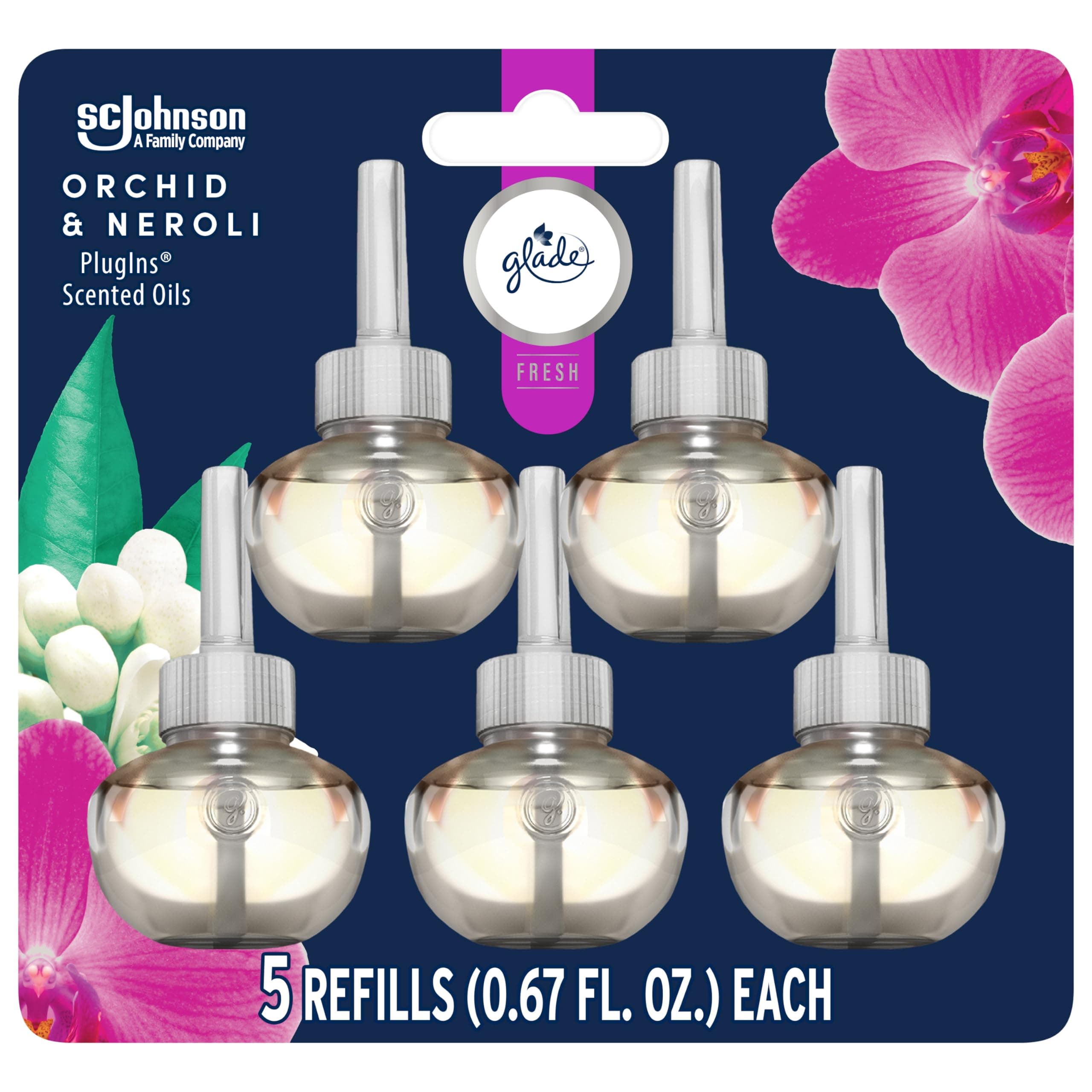 PlugIns Refills Air Freshener, Scented and Essential Oils for Home and Bathroom, Orchid & Neroli, Fresh Collection 3.35 Fl Oz, 5 Count