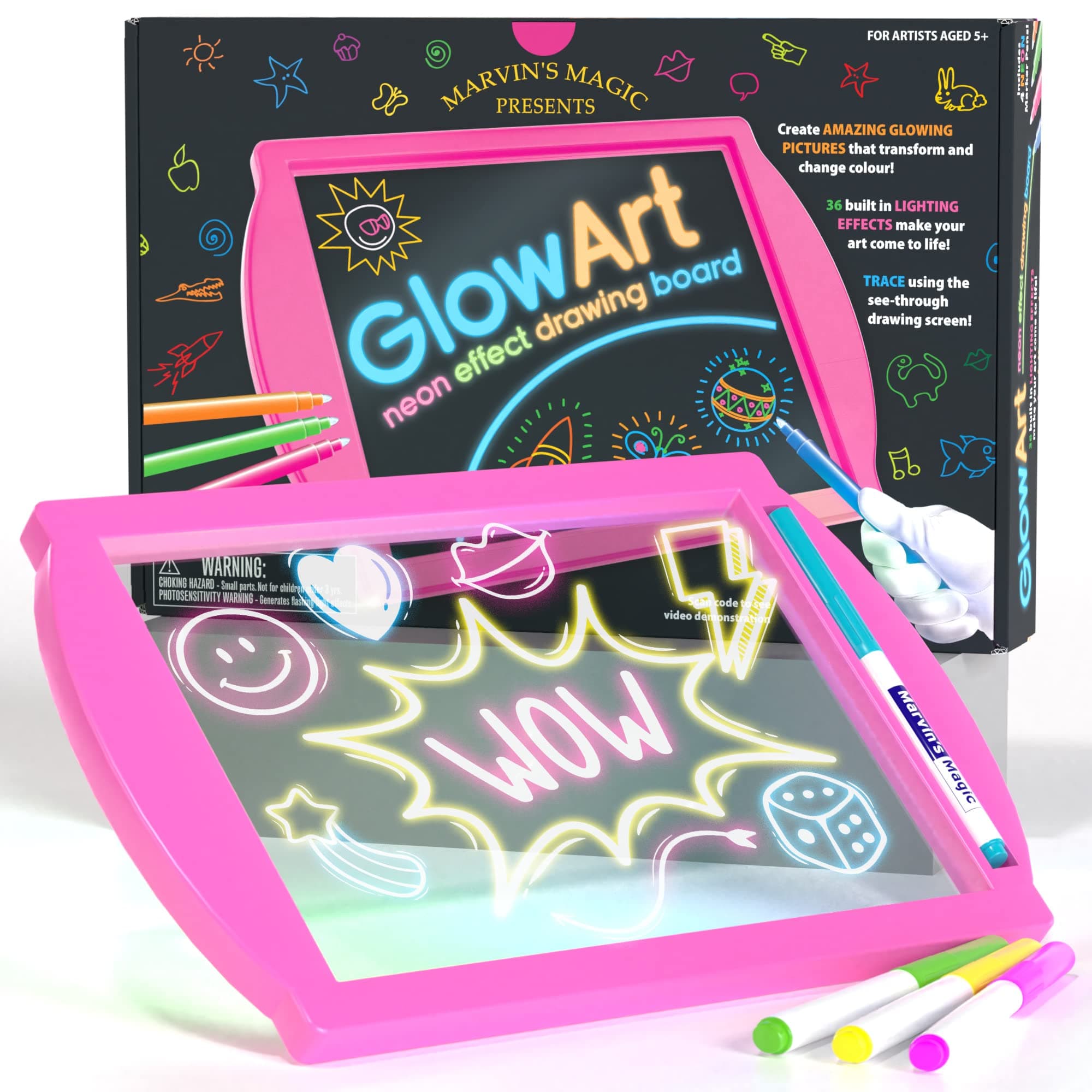 – Marvin's Magic - Glow Art LED Drawing Board for Children - Pink Light Up Drawing Pad with Glow in The Dark Colouring Pens - Battery Powered Tablet - Tracing Pad for Ages 5+