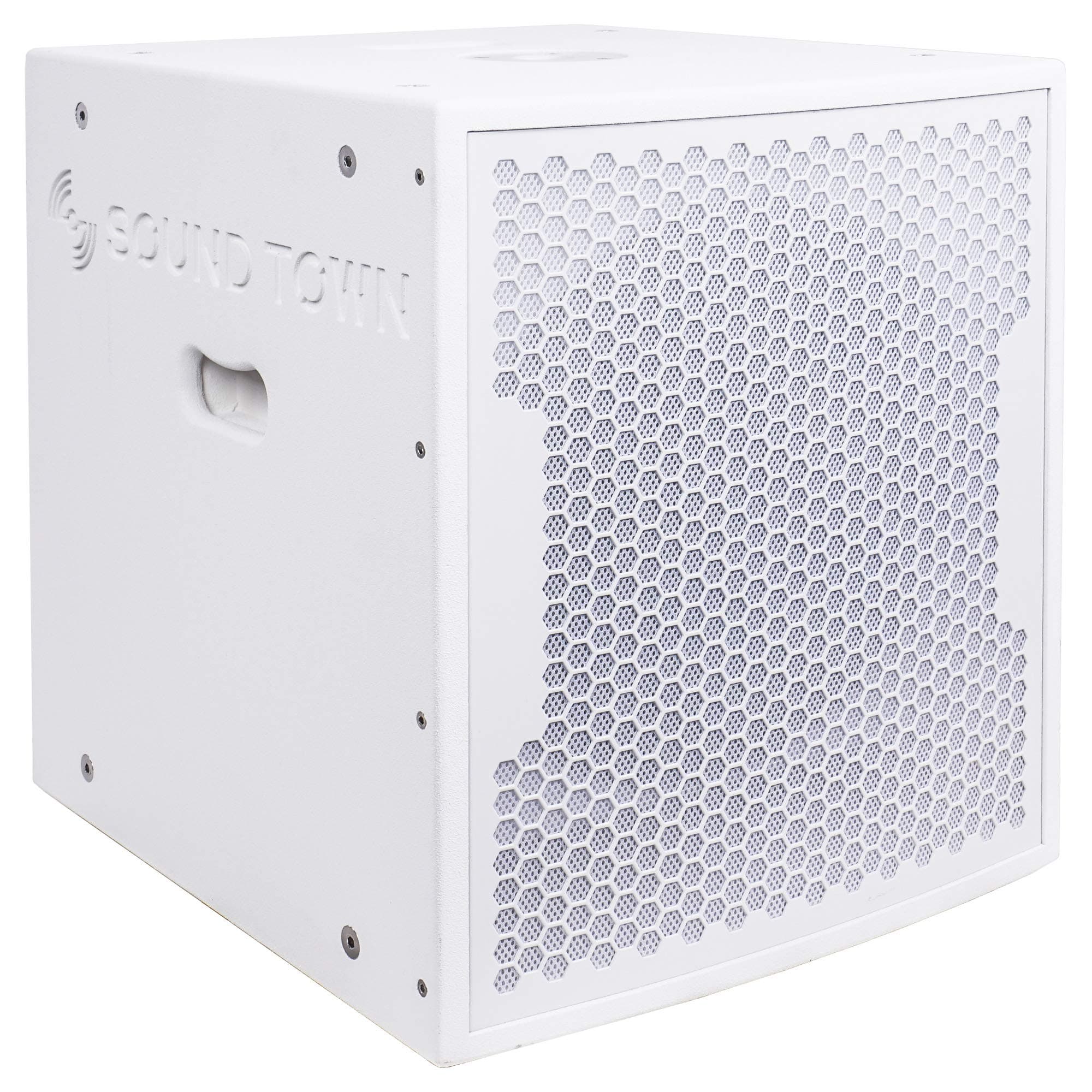 Sound Town 1600 Watts 15” Powered Subwoofer with 2 Speaker Outputs, Plywood Enclosure, and 2 Wheels, White (CARPO-15SWPW)