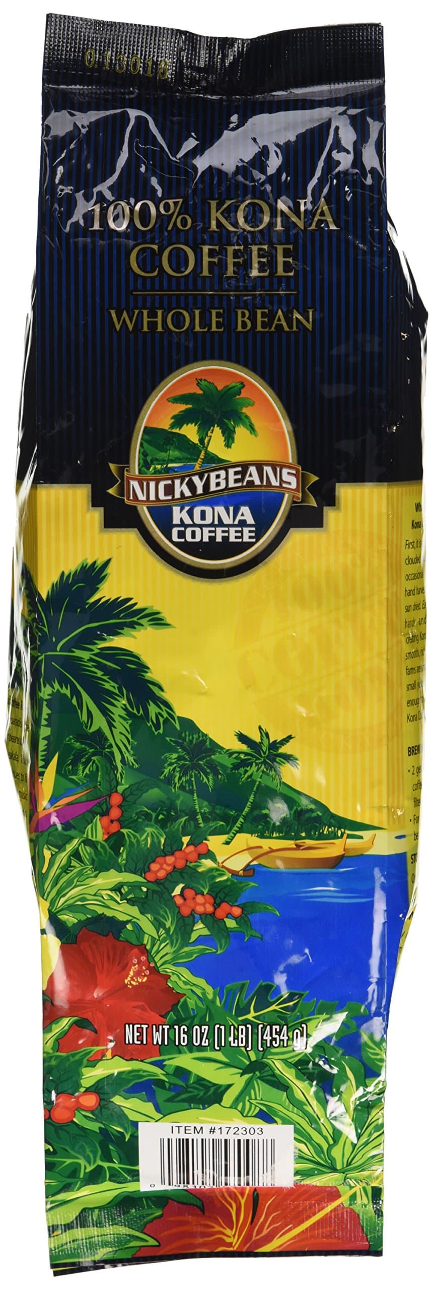 100% Kona Coffee Whole Bean Nicky Beans 1 Pound