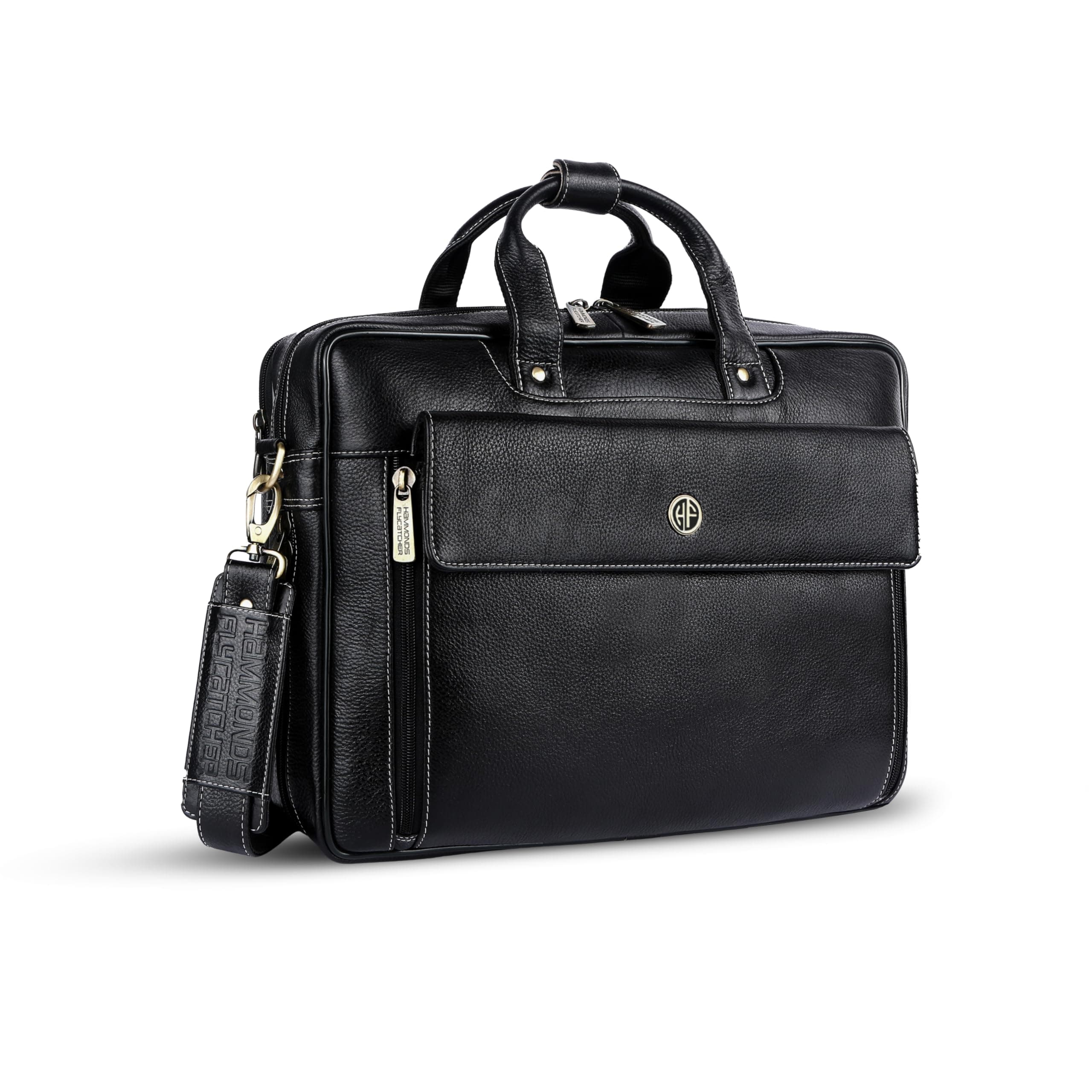 HAMMONDS FLYCATCHER Genuine Leather Office Bag for Men, 15.6" Professional Leather Laptop Bag for Men for Office, Travel, Daily Use, Adjustable Strap & Multi Compartments - 1 Year Warranty - Black