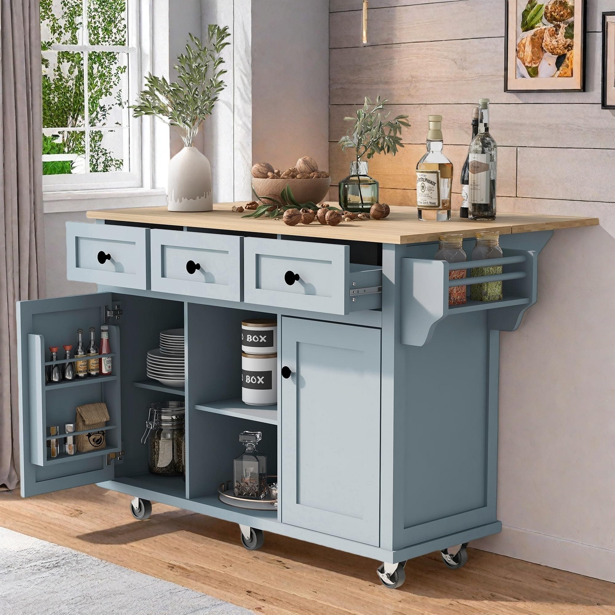 LUMISOL Rolling Kitchen Cart with 3 Drawers and 2 Cabinets, Kitchen Island on Wheels with Drop Leaf, Wood Portable Island with Storage Racks, for Dinning Room Living Room, Gray Blue
