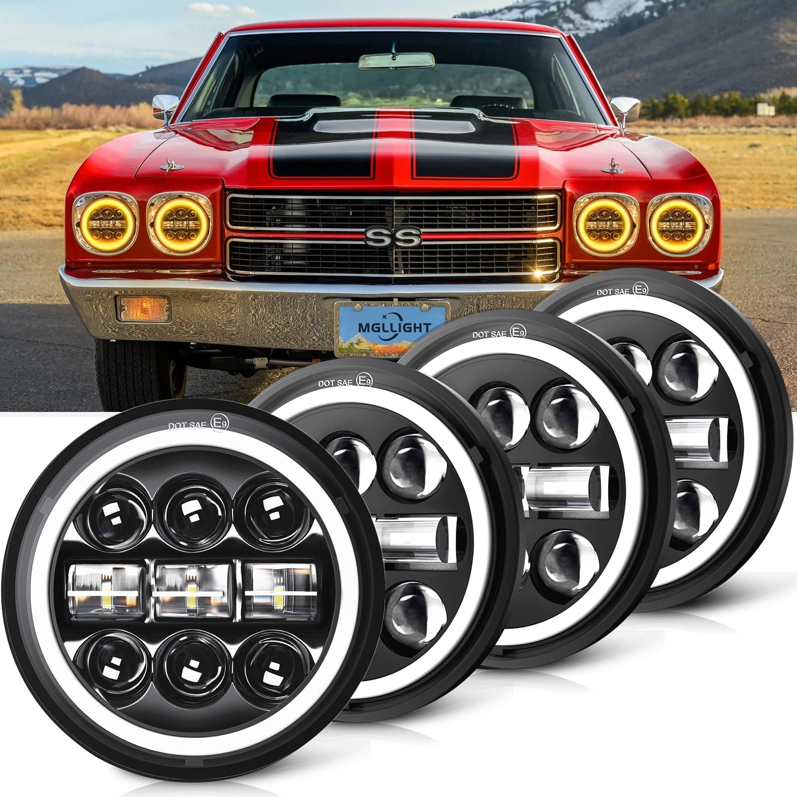 5-3/4 5.75 inch LED Headlight White Amber LED Halo Compatible with Challenger Gran Torino Oldsmobile Cutlass Plymouth Fury Muscle Cars Trucks Angel Eye Headlights, 4 Set