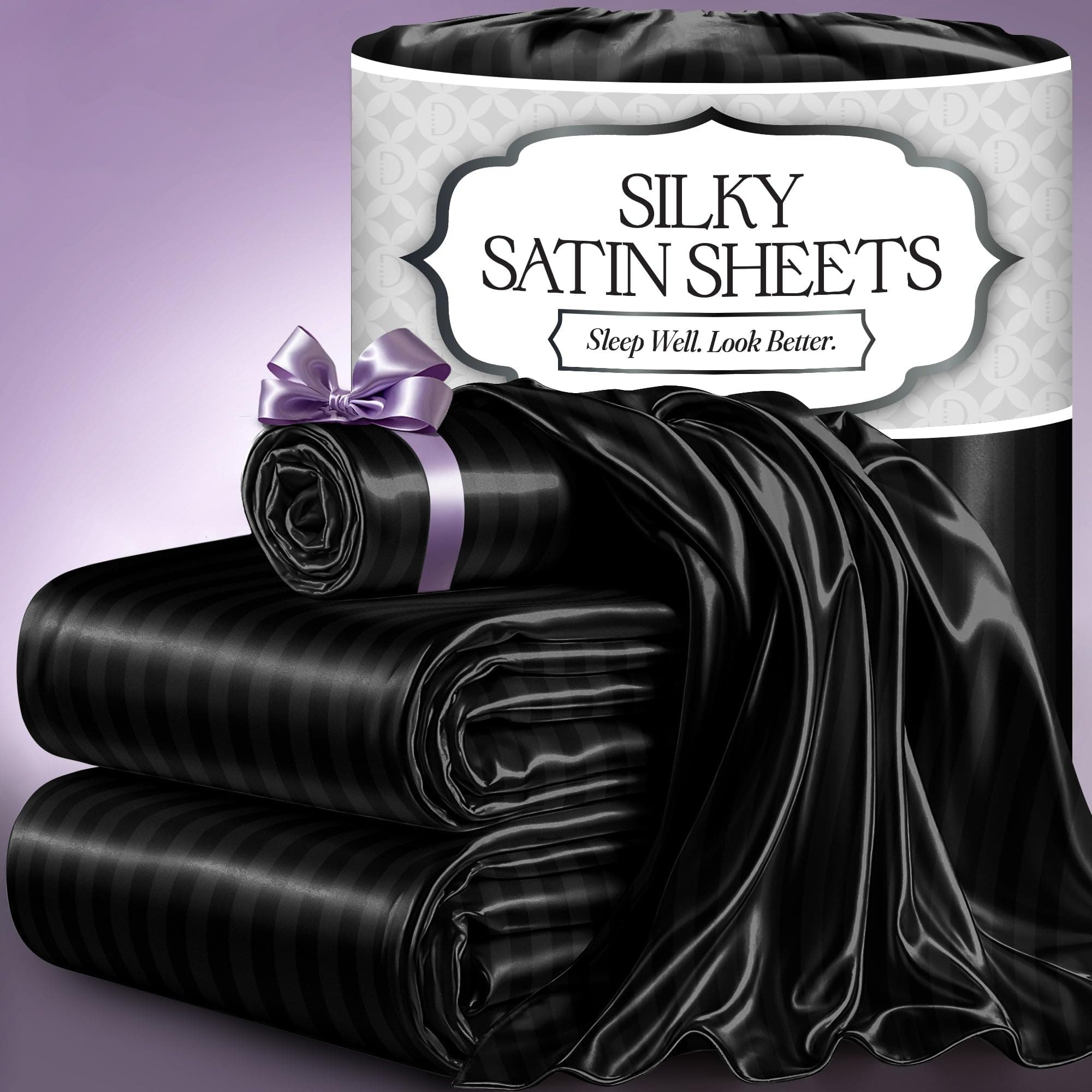 DECOLURE Satin Bed Sheets - 3 Piece Luxury Silky Twin Size Bedding Set - Softer Than Silk, Wrinkle-Free with 15” Deep Pocket Fitted Sheet, Perfect for Hair & Skin, Gifts for Women (Striped Black)