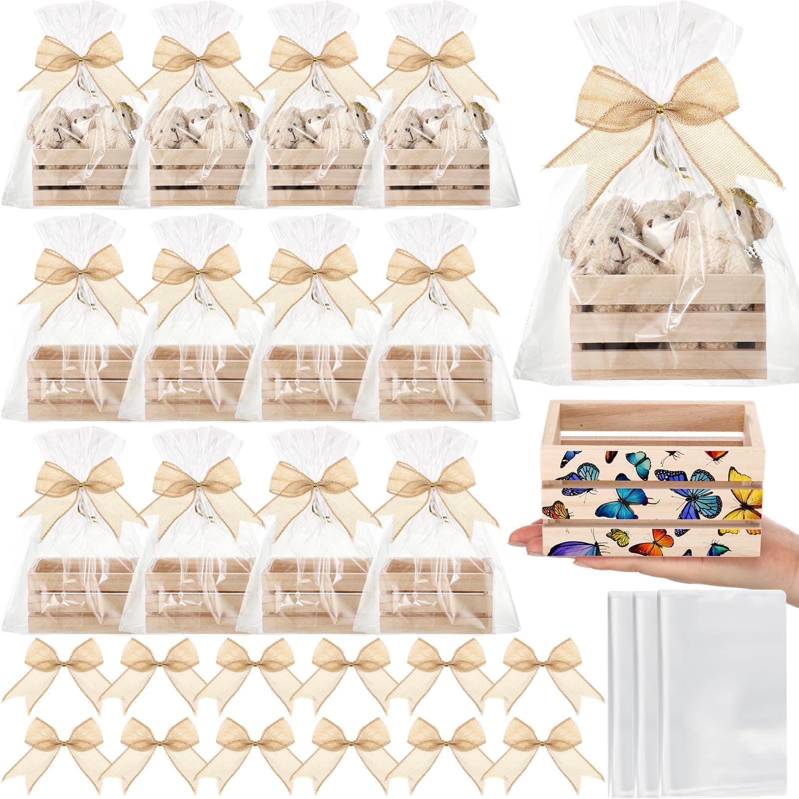 GlikCeil 12 Pcs Easter Gift Basket Empty Kit Small Wood Crates Unfinished Wooden Storage Box 12 Bows 12 Clear Treat Bags for Halloween, Thanksgiving, Christmas Craft Gift Basket Home Decor(Wood Color)