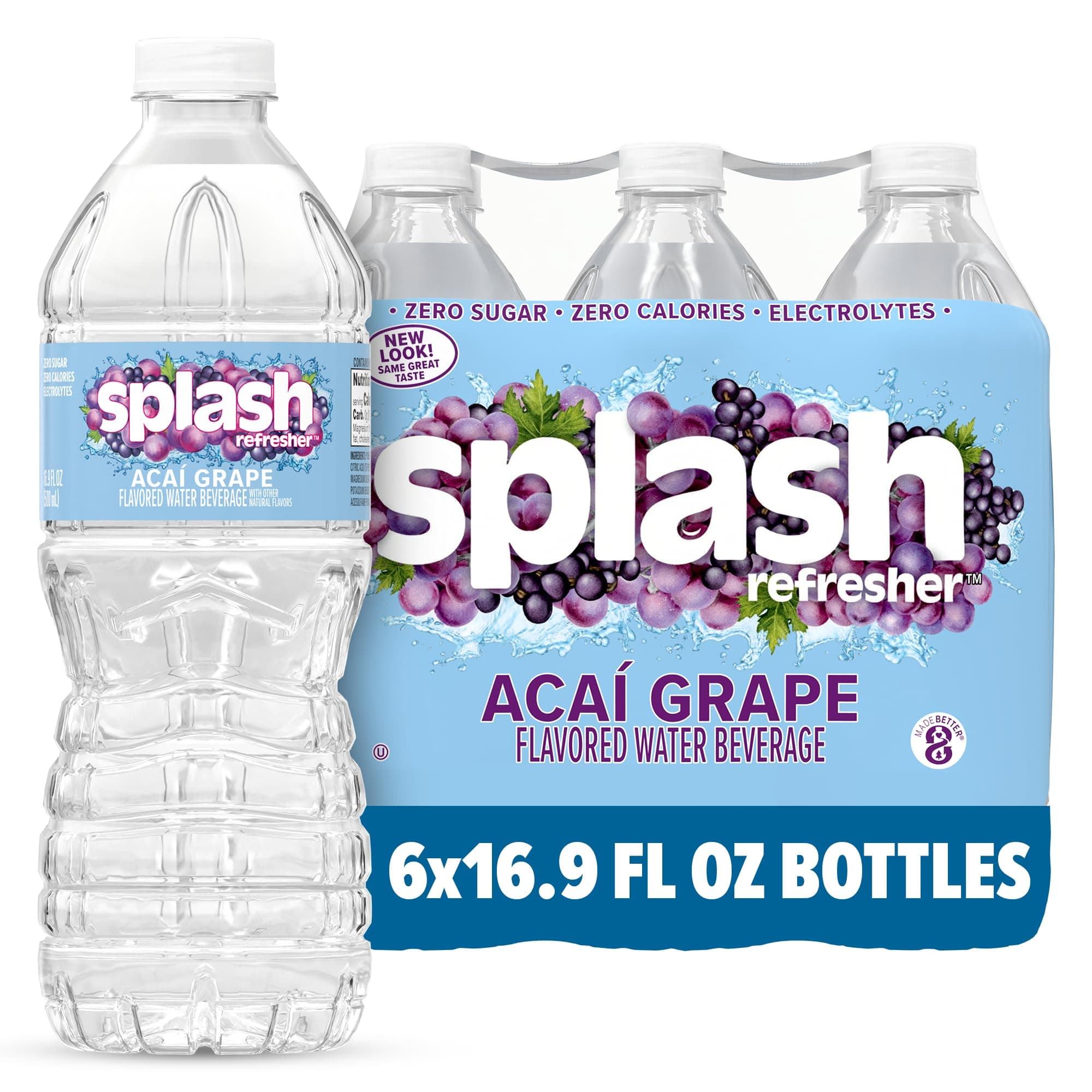 Flavored Water Bottles, Acai Grape Flavor - 6-Pack, 16.9 Fl Oz - Refreshing Flavored Bottled Water with Electrolytes - Zero Sugar & Zero Calories