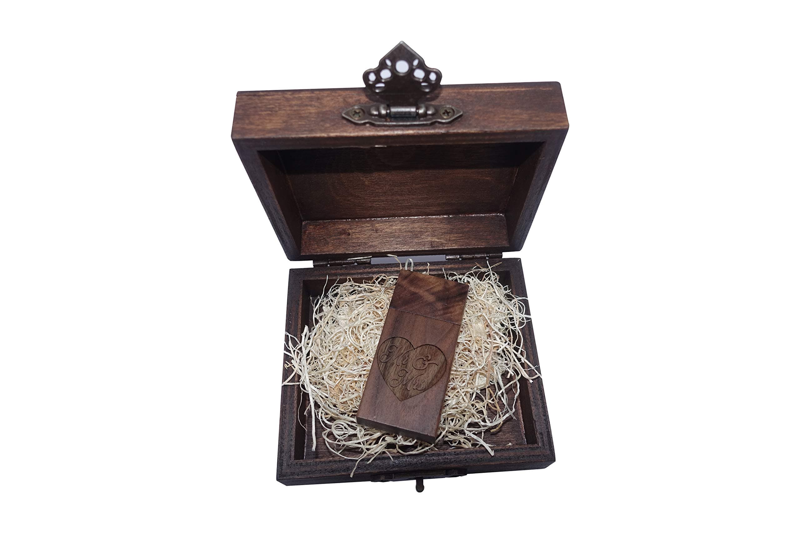 Wooden Keepsake Wedding Box, USB Flash Drive, Wood USB, Personalized Gift, Save The Date, USB, USB Box, Walnut Finish with Matching Mr. Mrs. USB. (16GB)