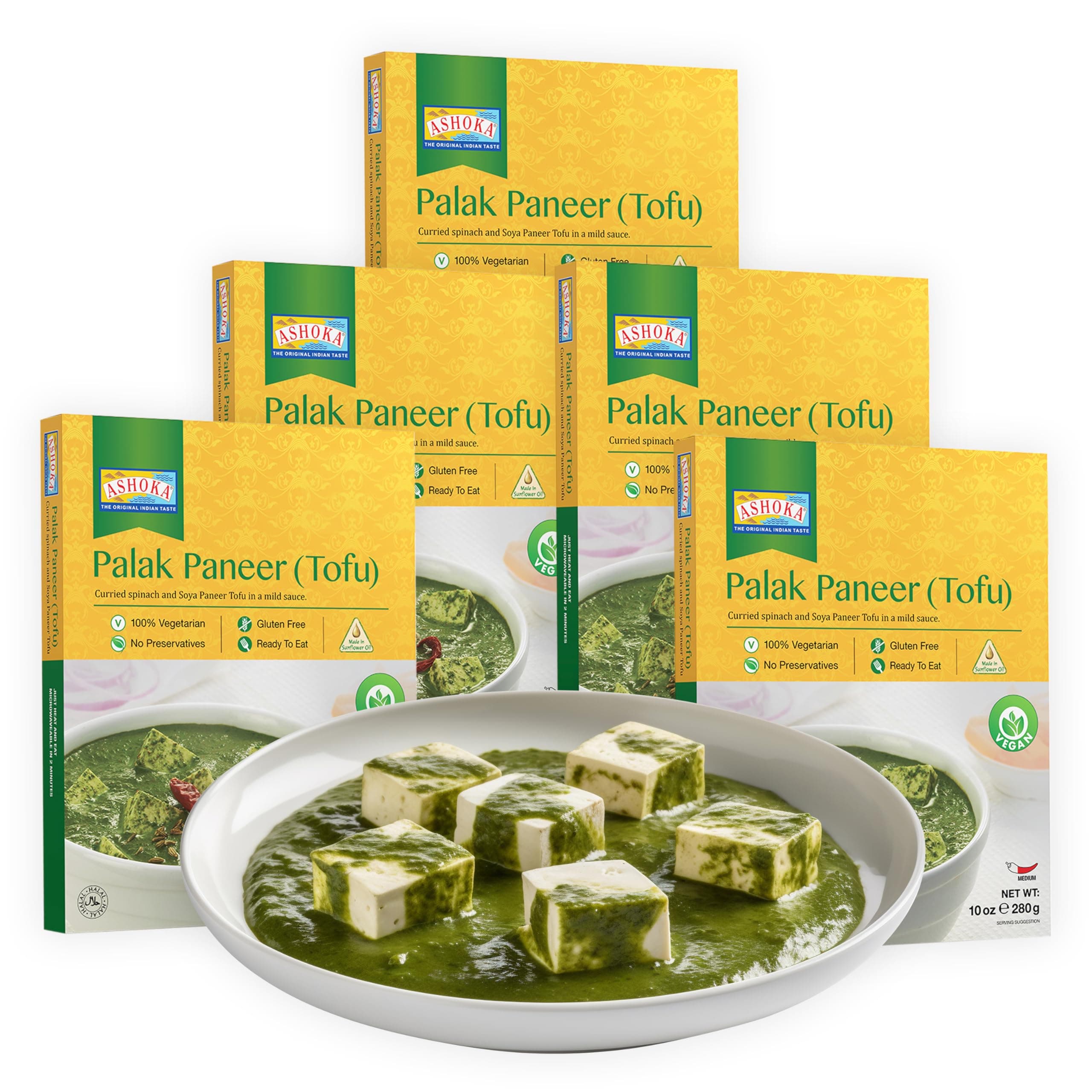 Ashoka Entrees 1932, Plant-Based Tofu & Spinach Curry, All-Natural, Ready to Eat Meals, Palak Paneer, Kosher Certified, Great for Offices, Instant Meals with No Preservatives, Pack of 5