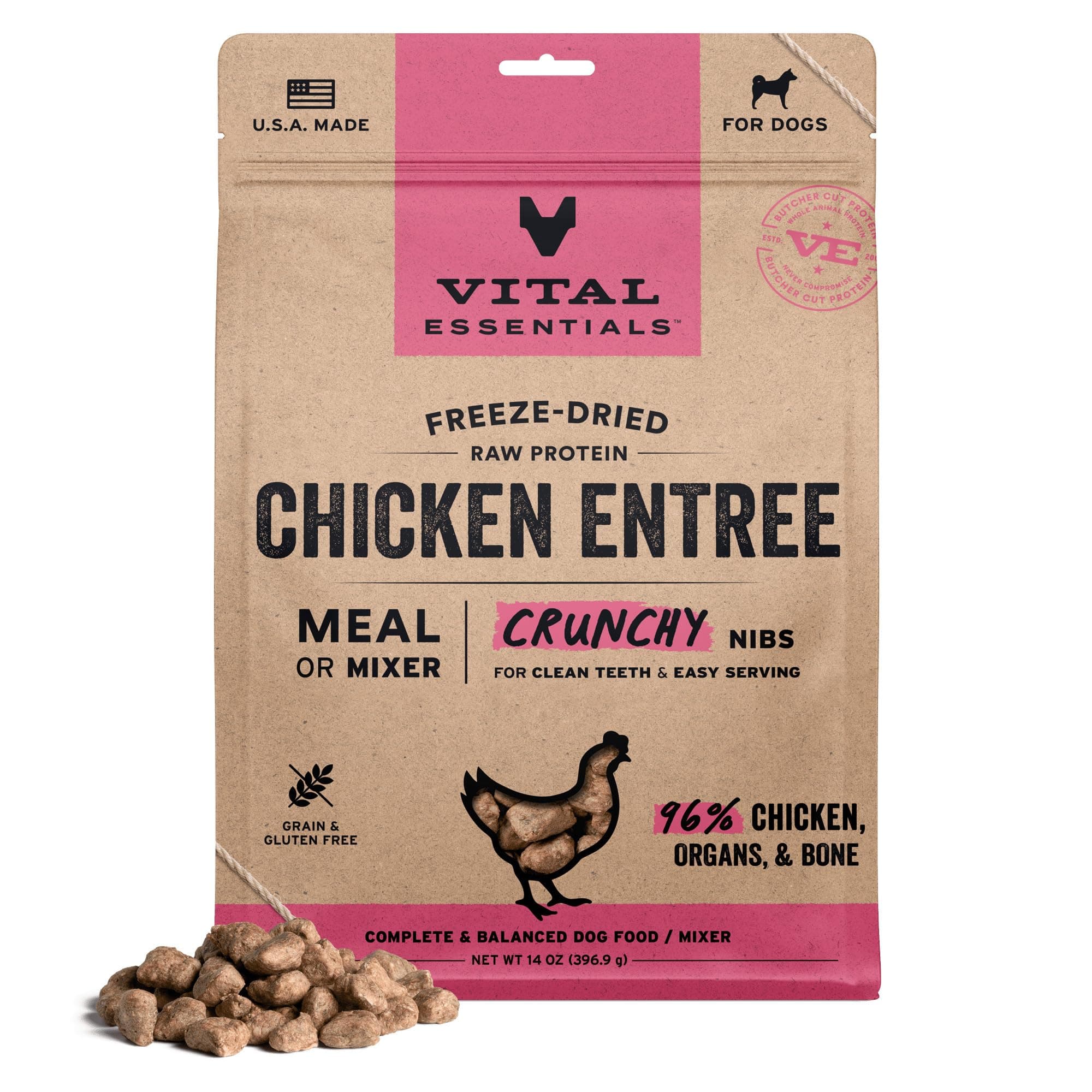Vital Essentials Freeze Dried Dog Food, Raw Chicken Crunchy Nibs | Complete Meal or Topper | 96% Chicken, Organs & Bone | Limited Ingredient, High Protein, Grain Free Dry Dog Food | 14 oz Bag