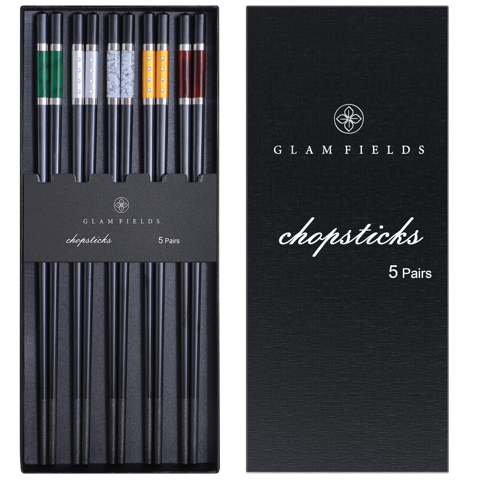 GLAMFIELDS 5 Pairs Premium Chopsticks Reusable Dishwasher Safe 9.5 Inch Fiberglass Chop Sticks Gift Set Non Slip Multi Color